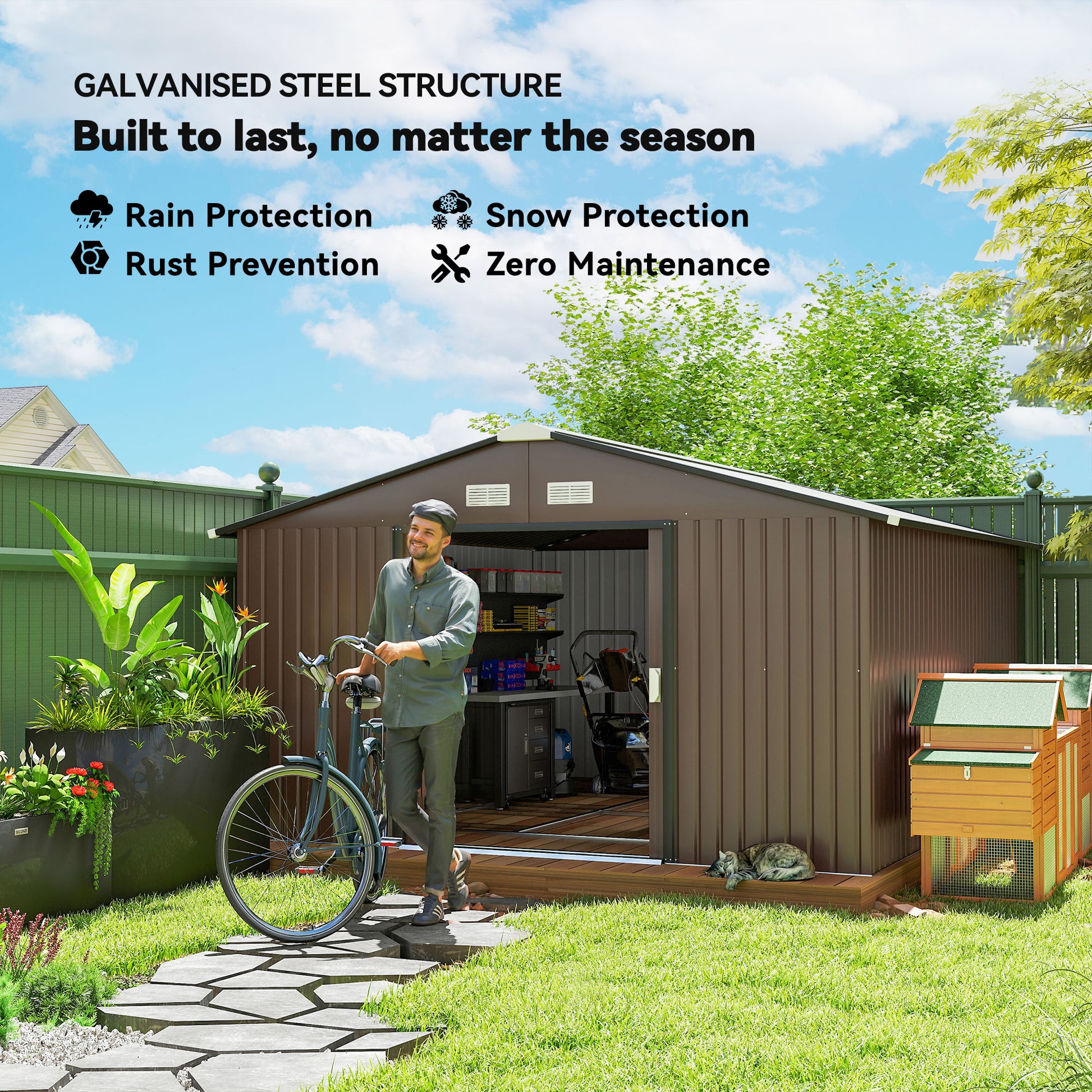 11' x 13' Outdoor Metal Storage Shed - Brown Steel-Patio & Garden > Lawn & Garden > Sheds-DECOROLALA