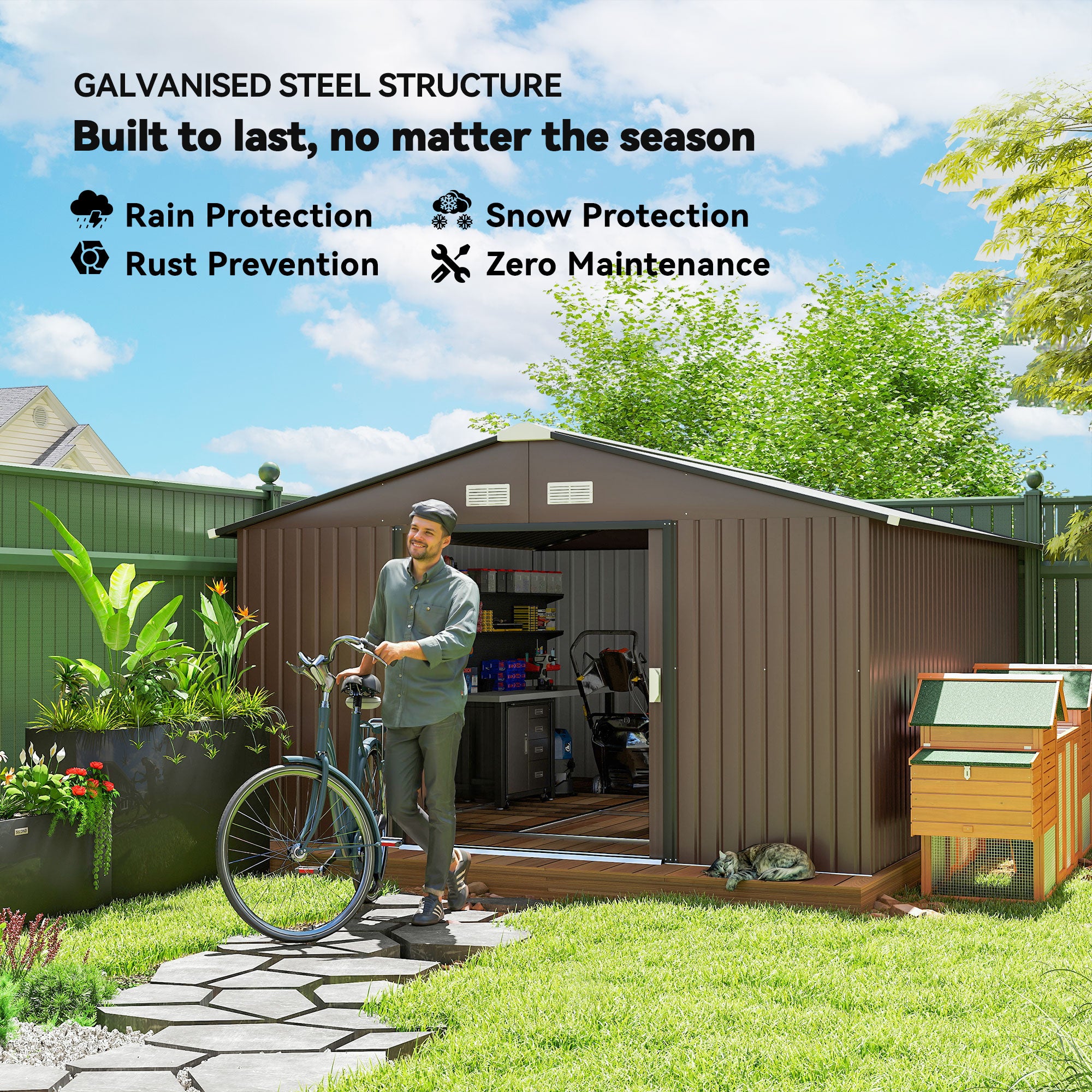 11' x 13' Outdoor Metal Storage Shed - Brown Steel-Patio & Garden > Lawn & Garden > Sheds-DECOROLALA