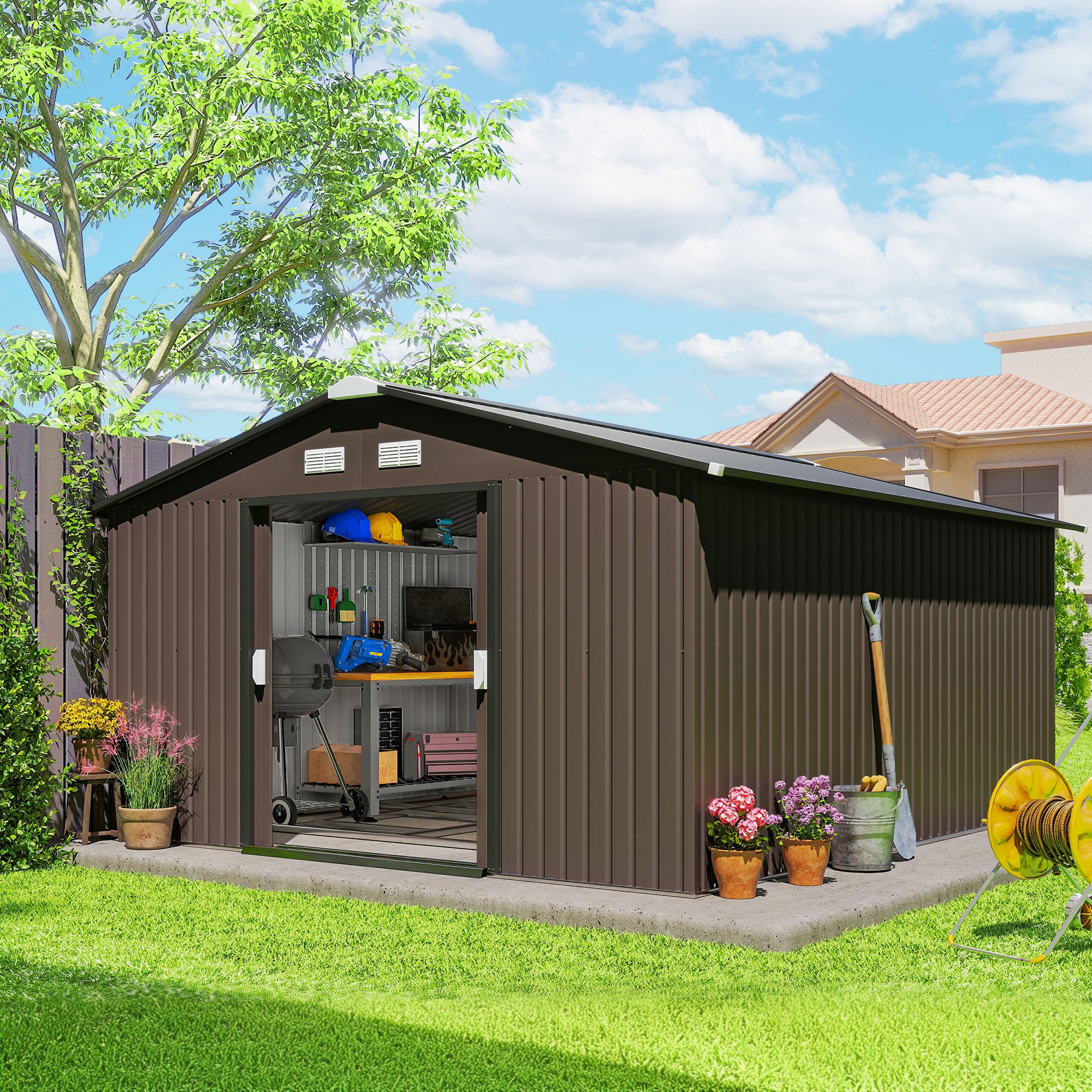 11' x 13' Outdoor Metal Storage Shed - Brown Steel-Patio & Garden > Lawn & Garden > Sheds-DECOROLALA