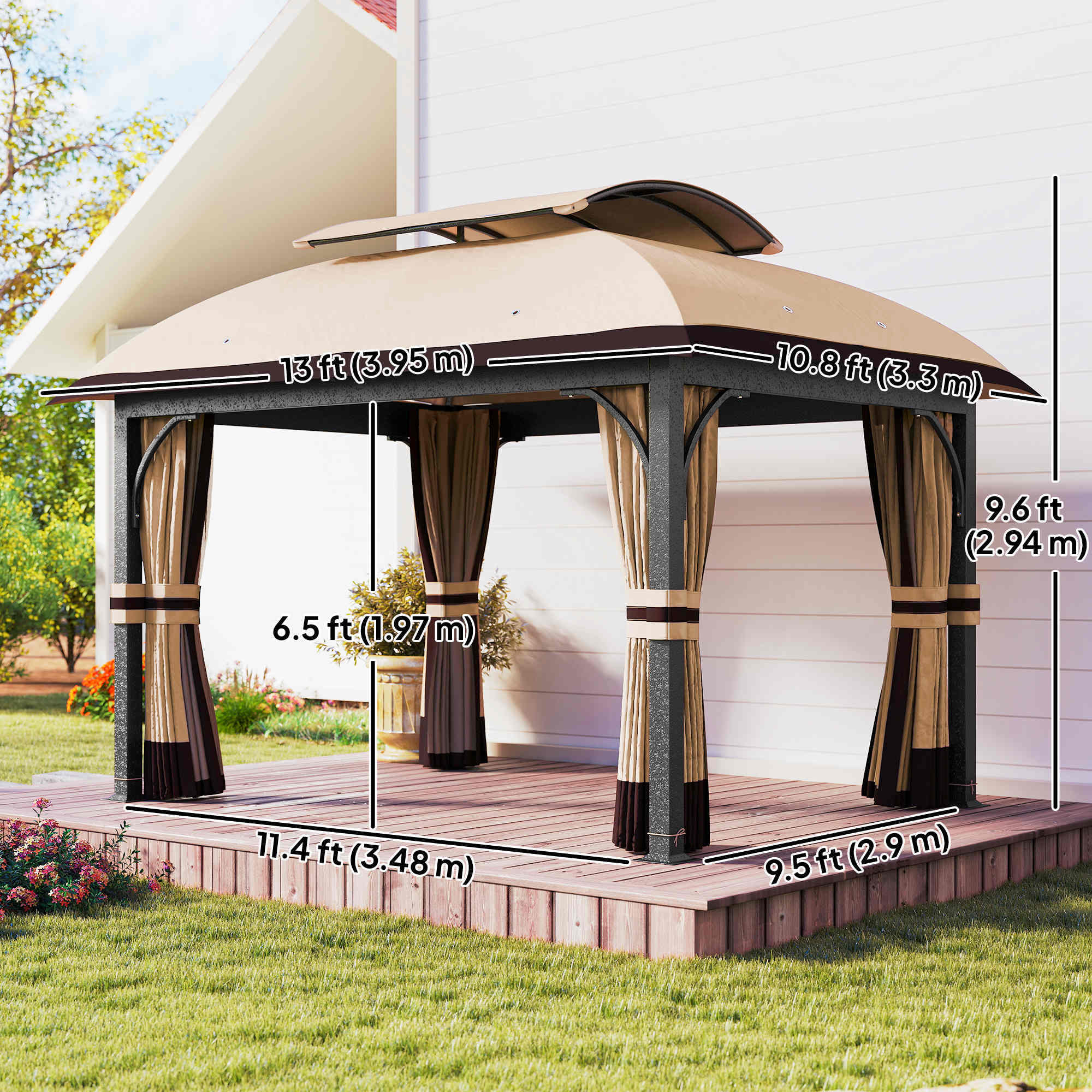 11' x 13' Patio Gazebo - Double Roof Metal Canopy Khaki-DECOROLALA