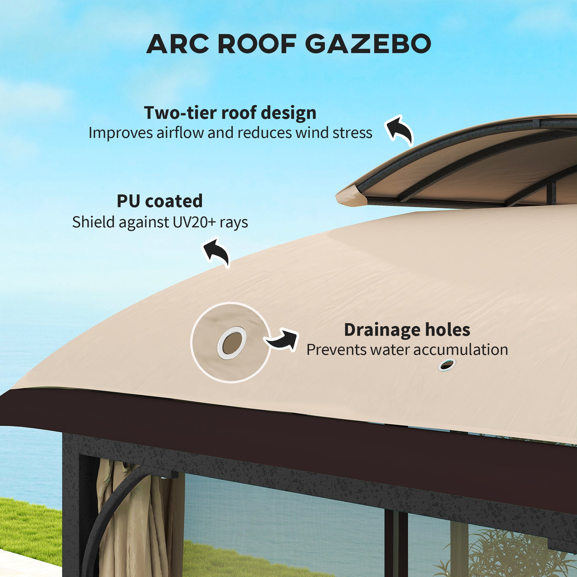 11' x 13' Patio Gazebo - Double Roof Metal Canopy Khaki-DECOROLALA