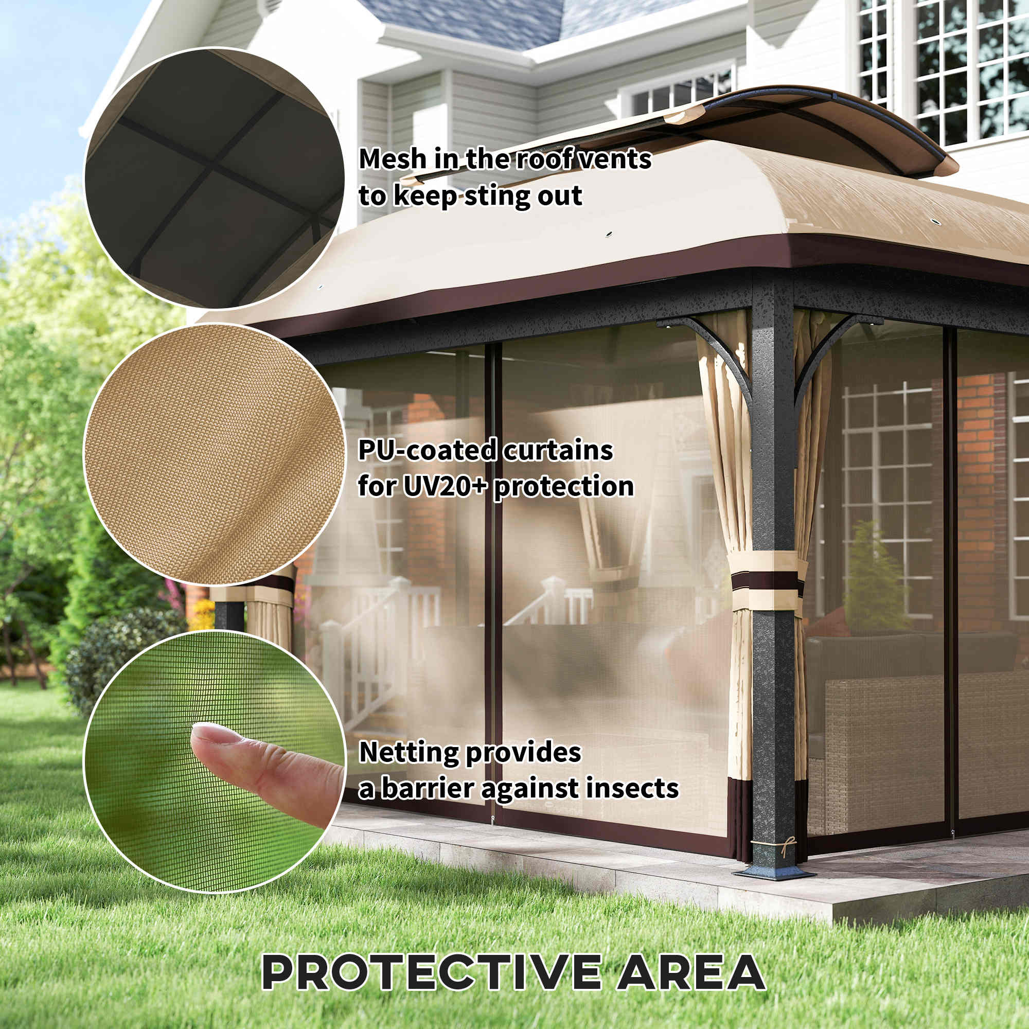11' x 13' Patio Gazebo - Double Roof Metal Canopy Khaki-DECOROLALA
