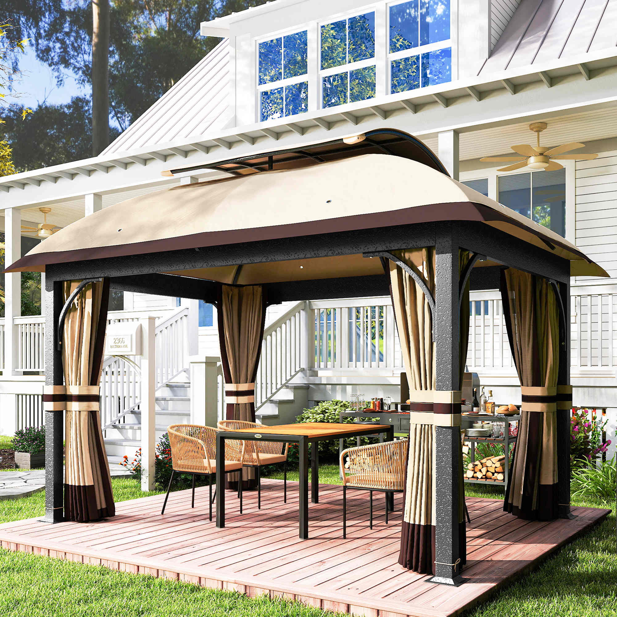 11' x 13' Patio Gazebo - Double Roof Metal Canopy Khaki-DECOROLALA