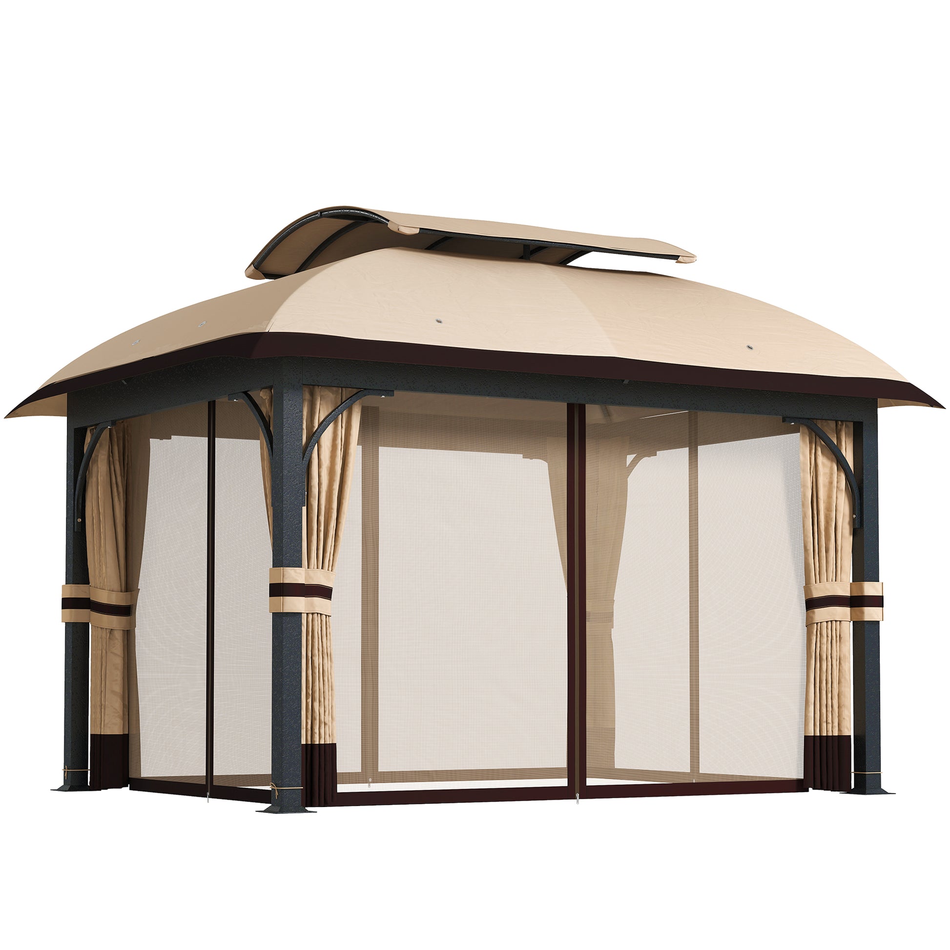 11' x 13' Patio Gazebo - Double Roof Metal Canopy Khaki-DECOROLALA