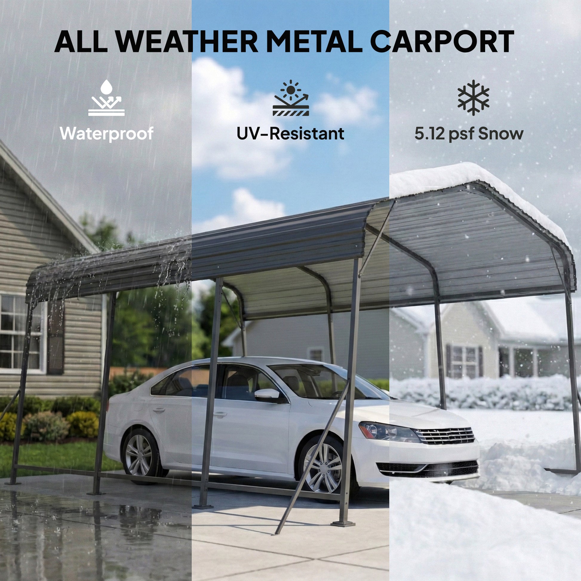 11 x 15ft Metal Carport - Dark Grey Galvanized Steel Roof-Patio & Garden > Wedding & Events Tents > Car Shelters-DECOROLALA