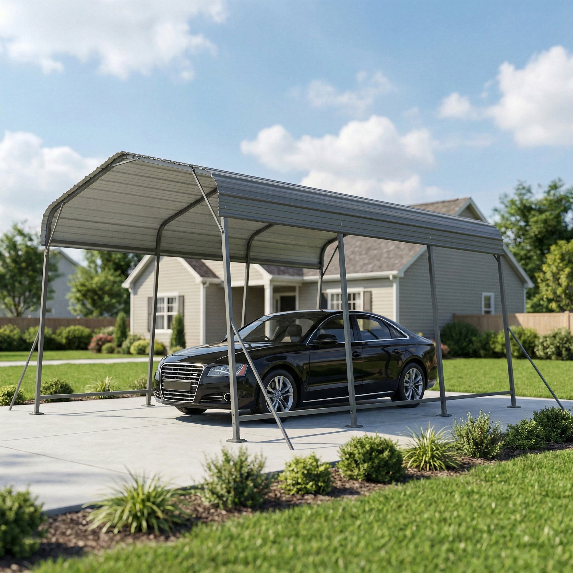 11 x 15ft Metal Carport - Dark Grey Galvanized Steel Roof-Patio & Garden > Wedding & Events Tents > Car Shelters-DECOROLALA