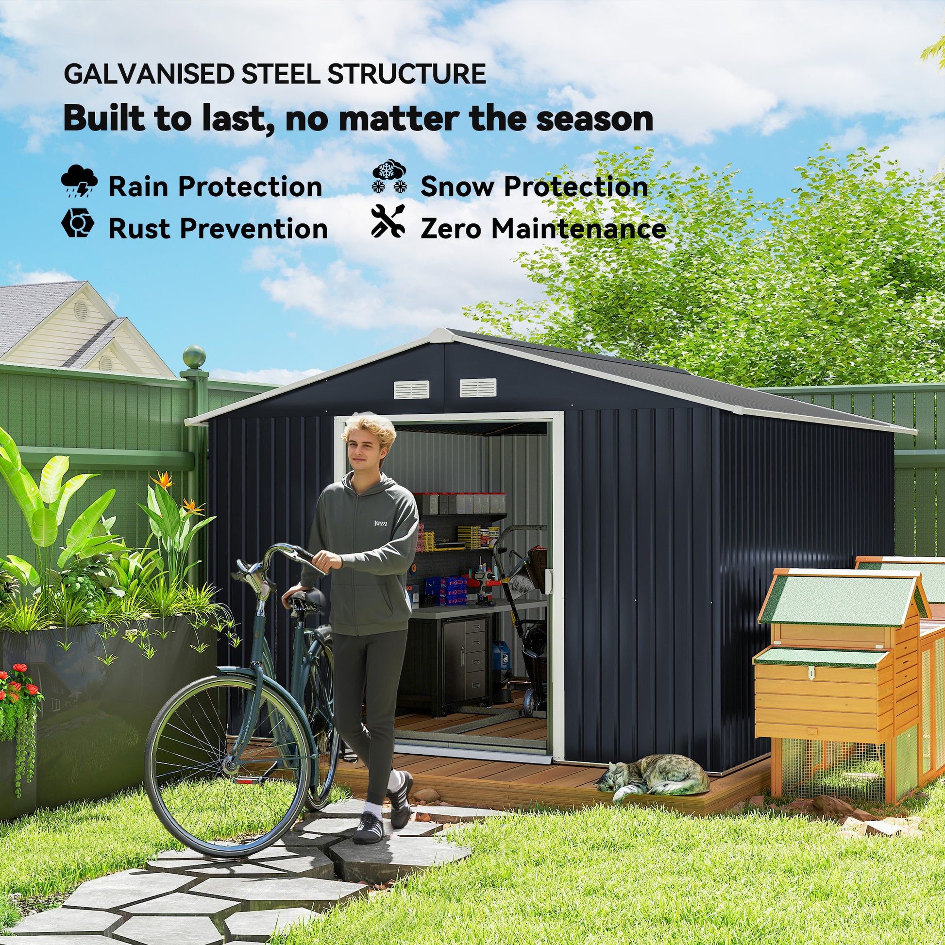 11' x 9' Metal Storage Shed - Dark Grey Galvanized Steel-Patio & Garden > Lawn & Garden > Sheds-DECOROLALA