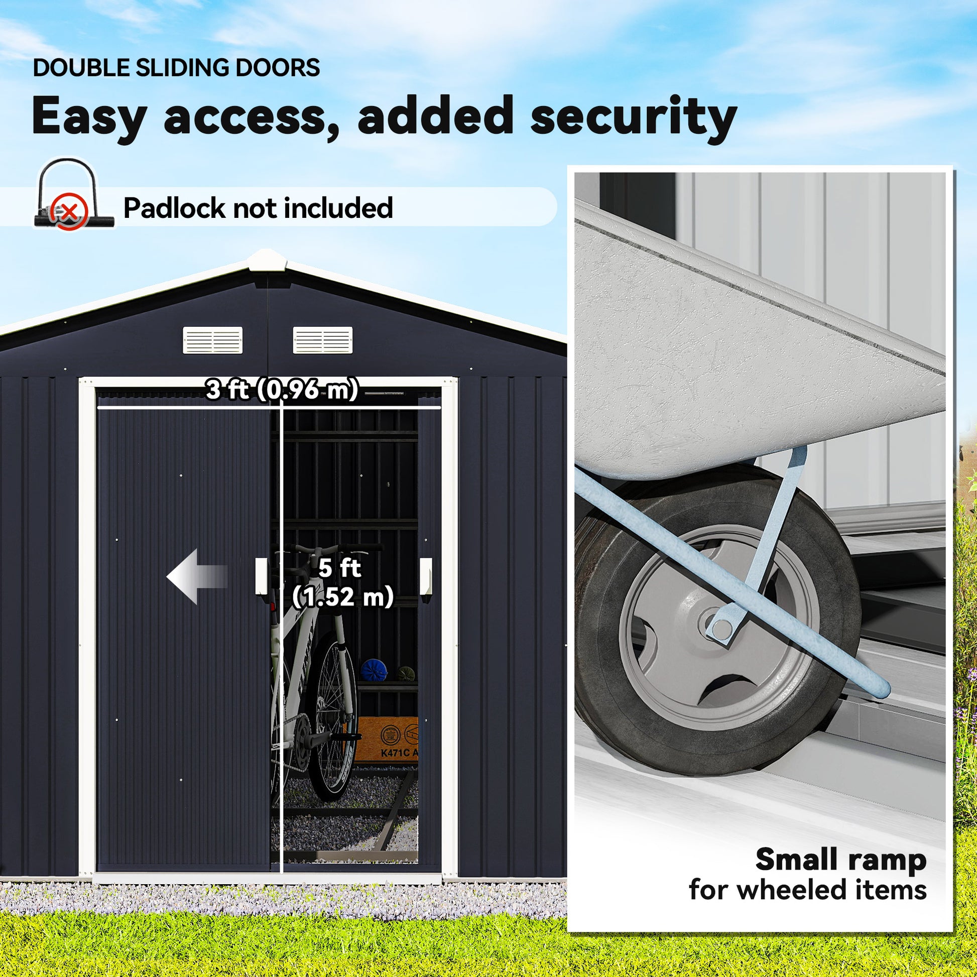 11' x 9' Metal Storage Shed - Dark Grey Galvanized Steel-Patio & Garden > Lawn & Garden > Sheds-DECOROLALA