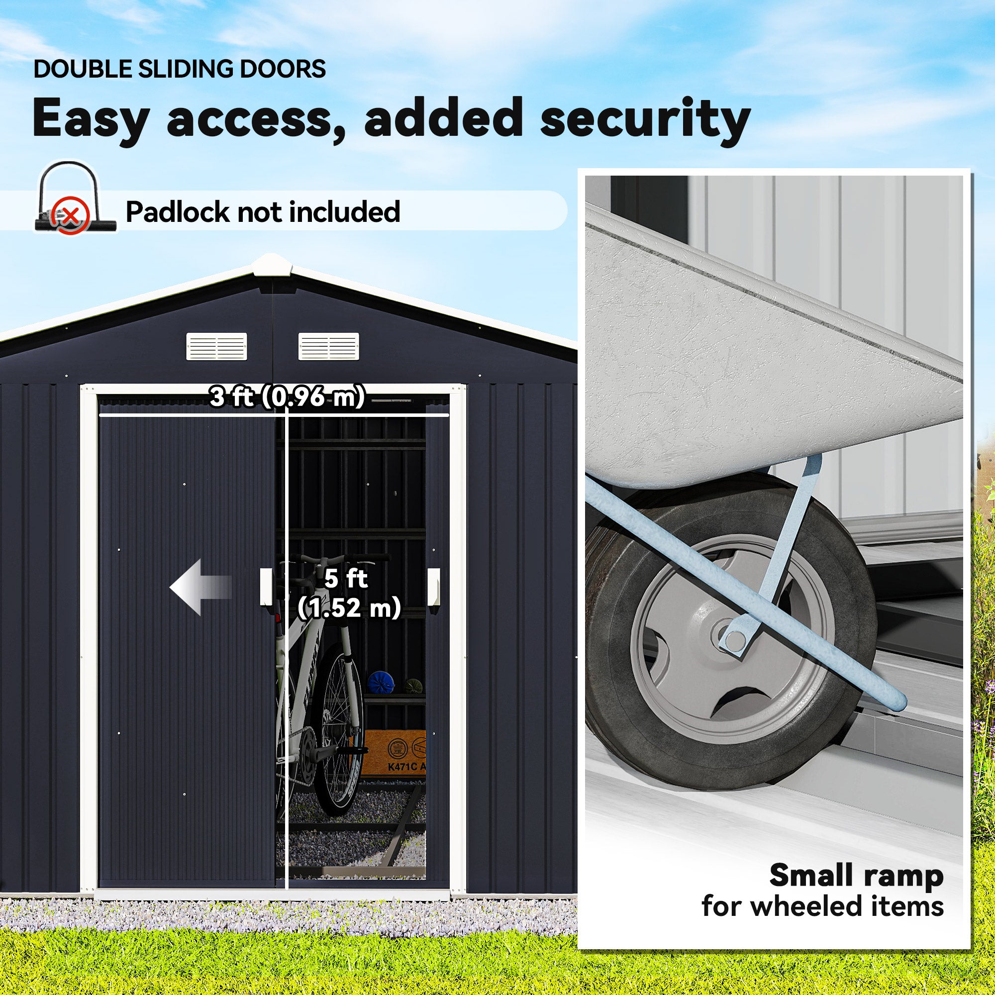 11' x 9' Metal Storage Shed - Dark Grey Galvanized Steel-Patio & Garden > Lawn & Garden > Sheds-DECOROLALA