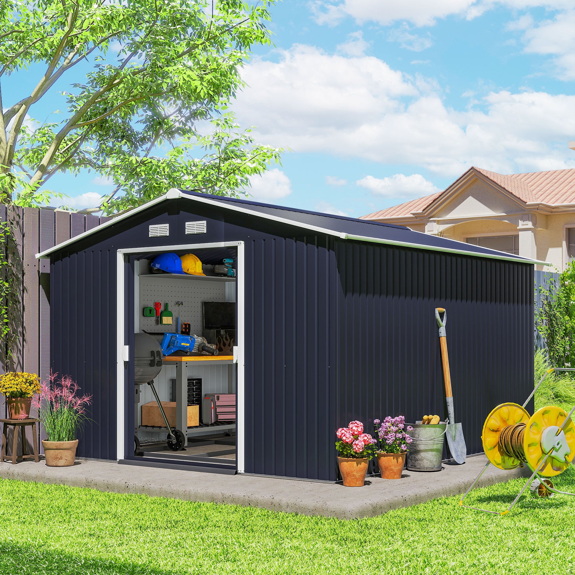 11' x 9' Metal Storage Shed - Dark Grey Galvanized Steel-Patio & Garden > Lawn & Garden > Sheds-DECOROLALA