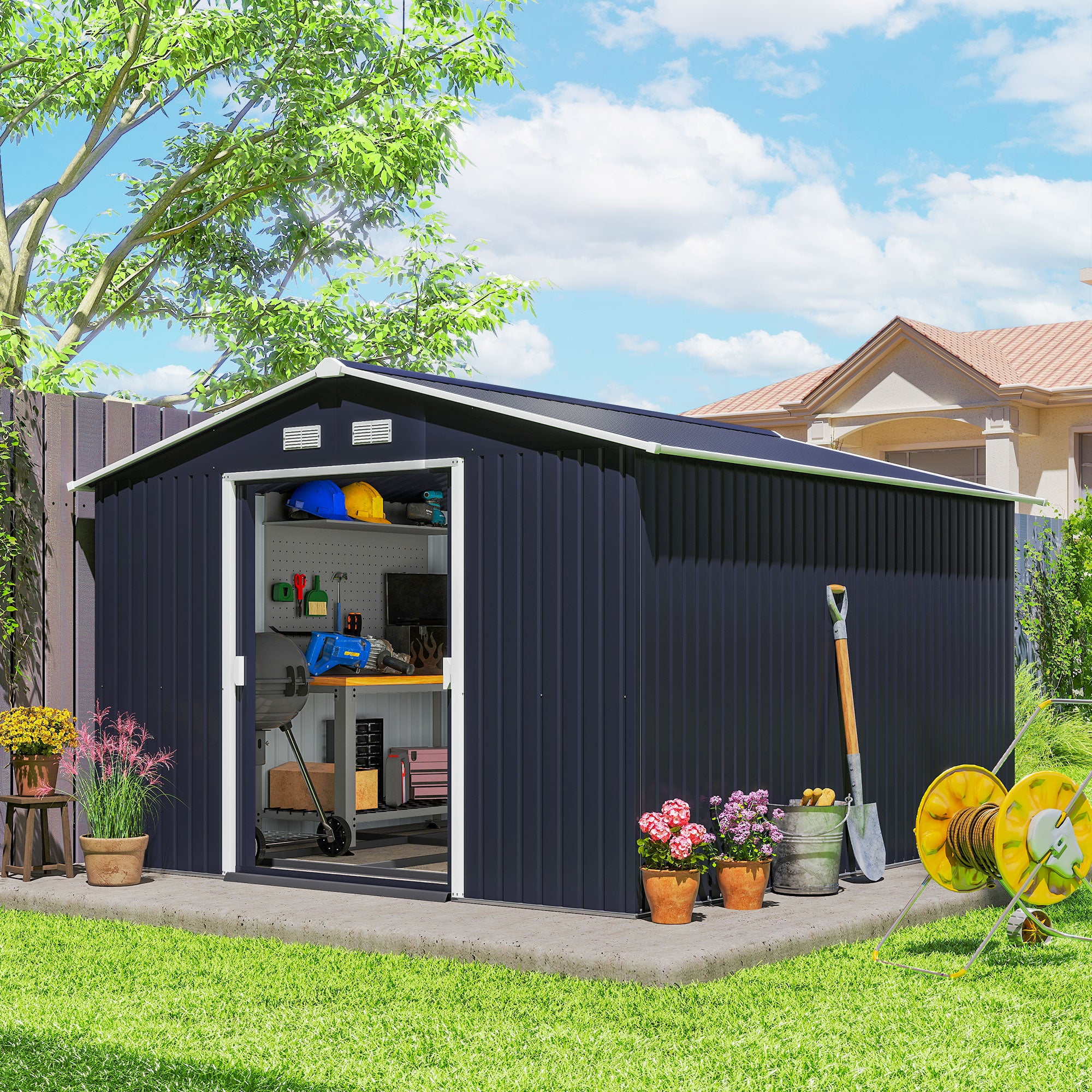 11' x 9' Metal Storage Shed - Dark Grey Galvanized Steel-Patio & Garden > Lawn & Garden > Sheds-DECOROLALA