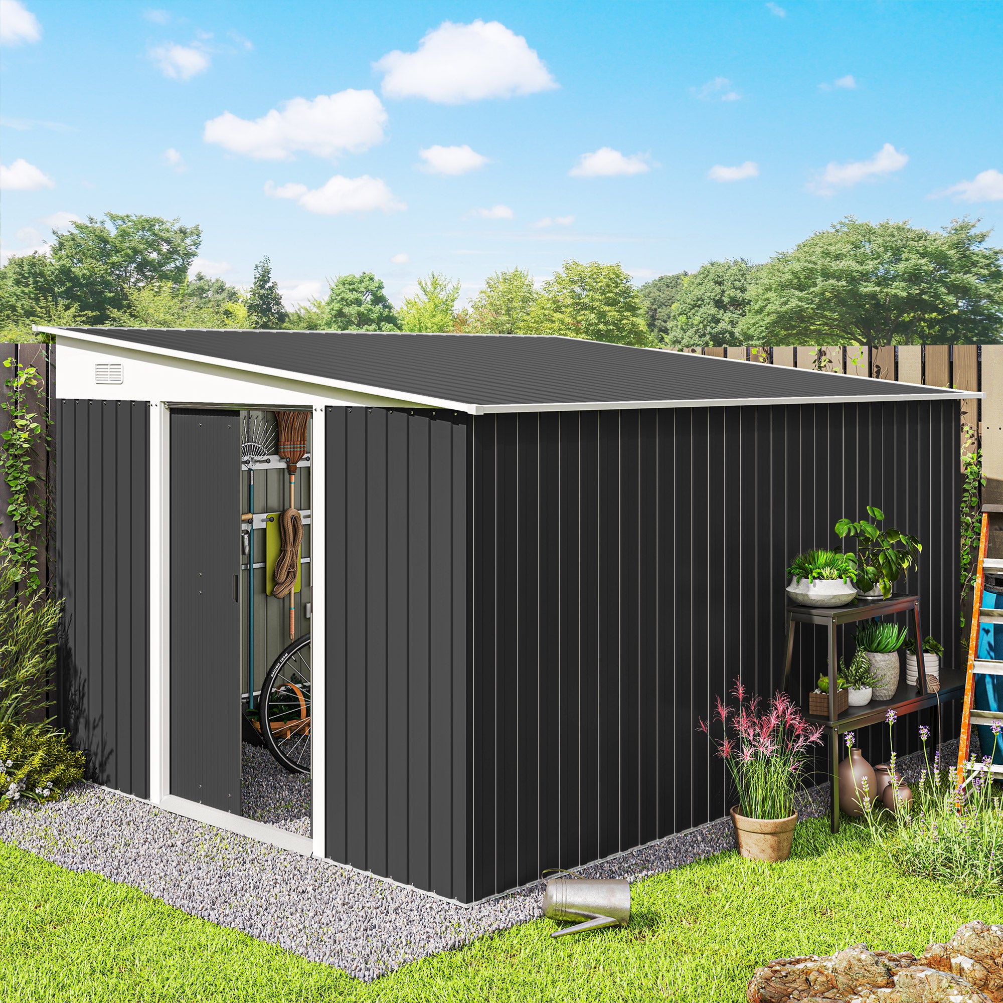 11' x 9' Steel Garden Storage Shed - Dark Grey-Patio & Garden > Lawn & Garden > Sheds-DECOROLALA
