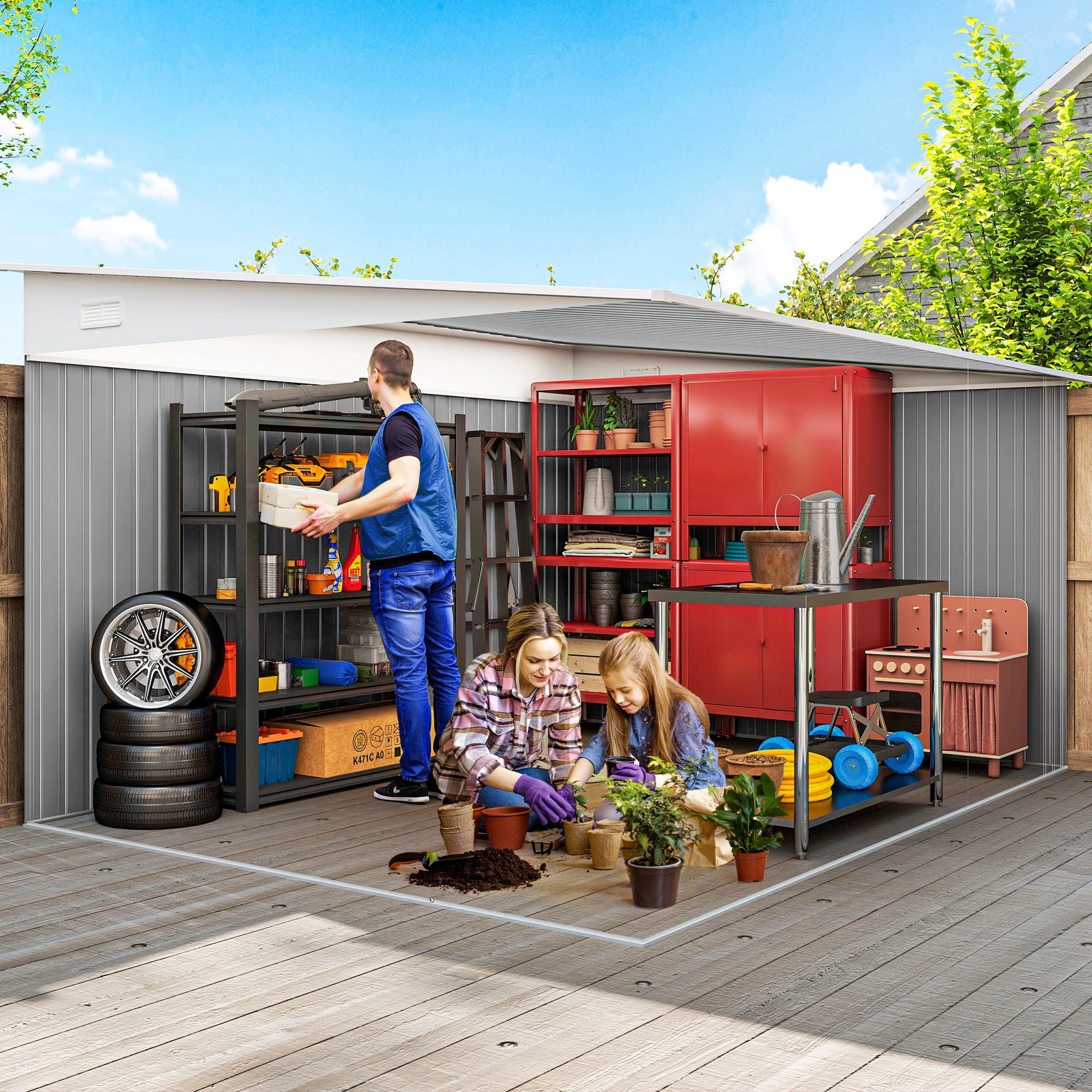 11' x 9' Steel Garden Storage Shed - Green Metal Tool House-Patio & Garden > Lawn & Garden > Sheds-DECOROLALA