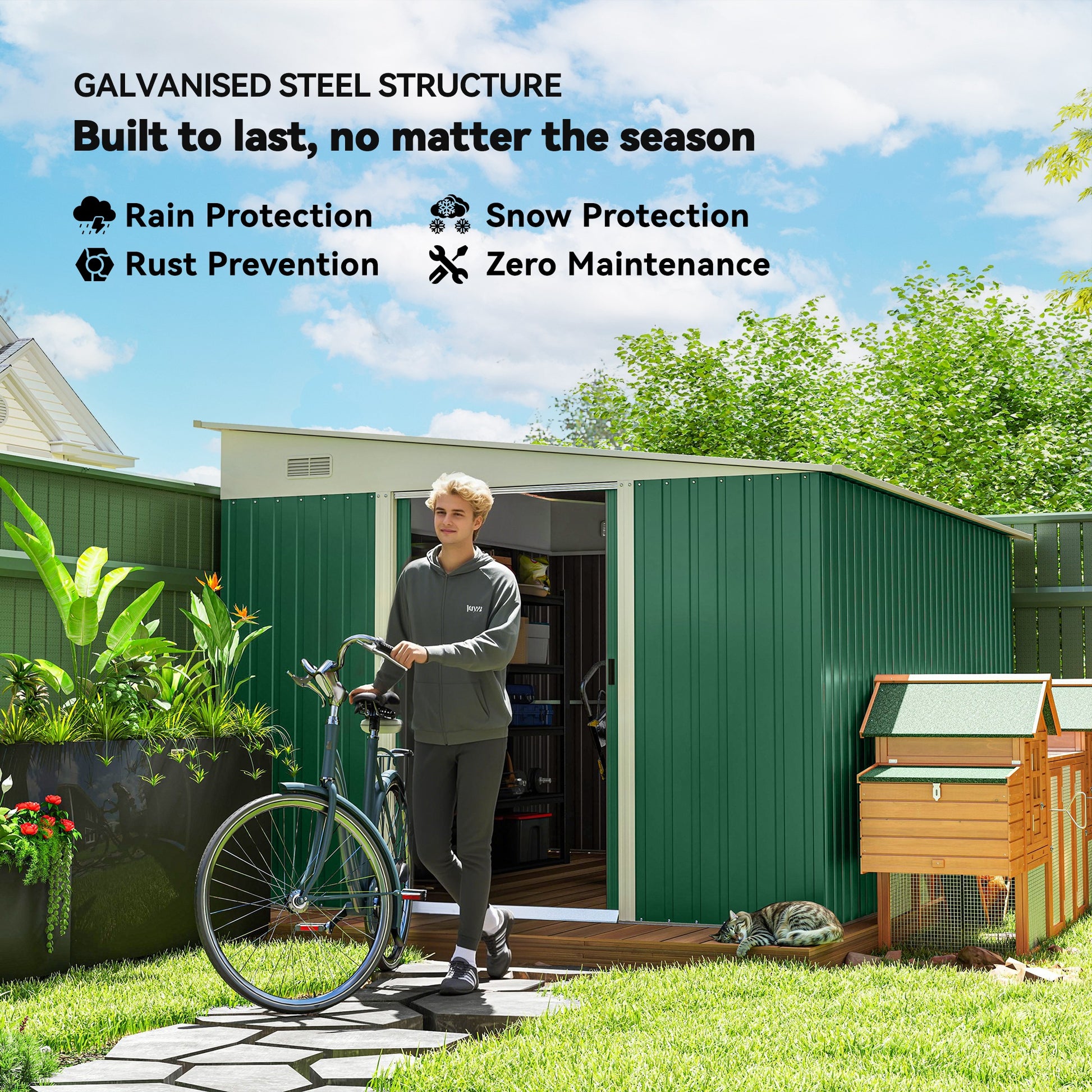 11' x 9' Steel Garden Storage Shed - Green Metal Tool House-Patio & Garden > Lawn & Garden > Sheds-DECOROLALA