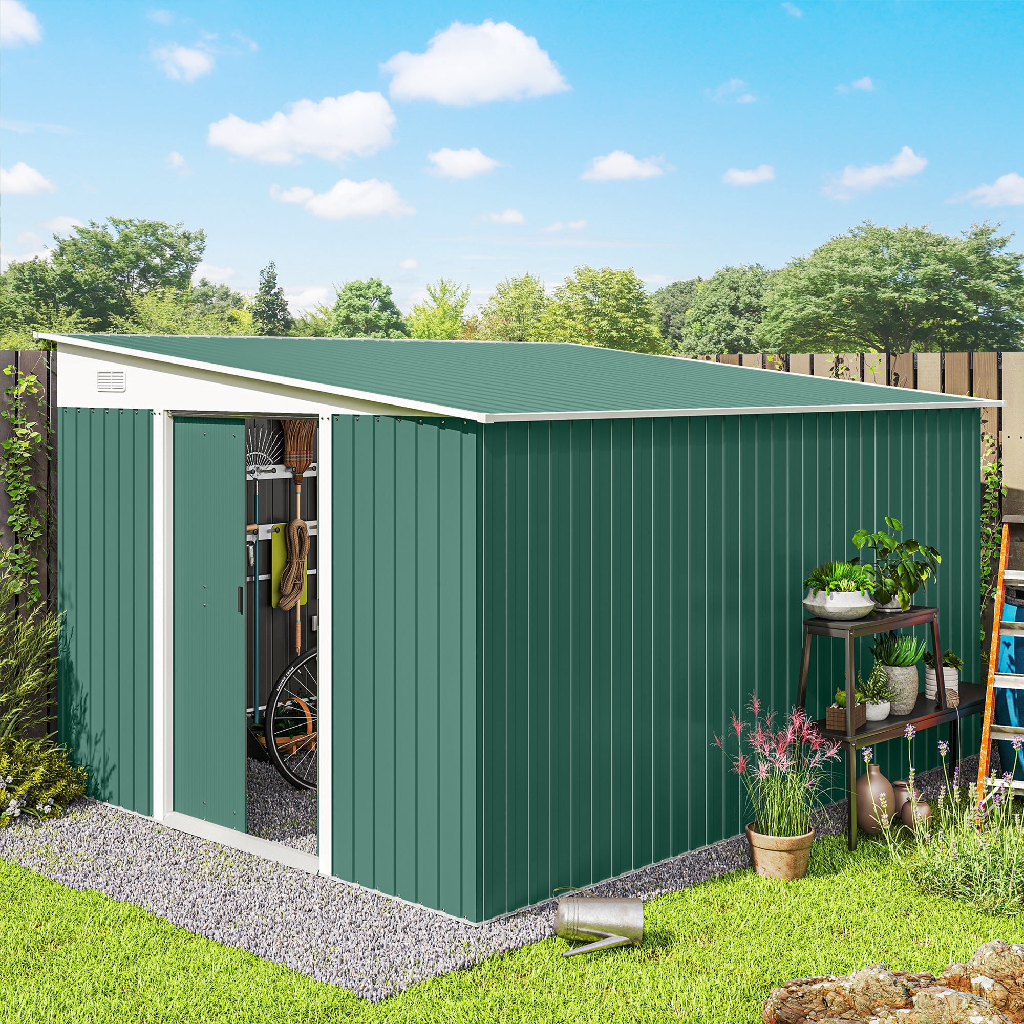 11' x 9' Steel Garden Storage Shed - Green Metal Tool House-Patio & Garden > Lawn & Garden > Sheds-DECOROLALA