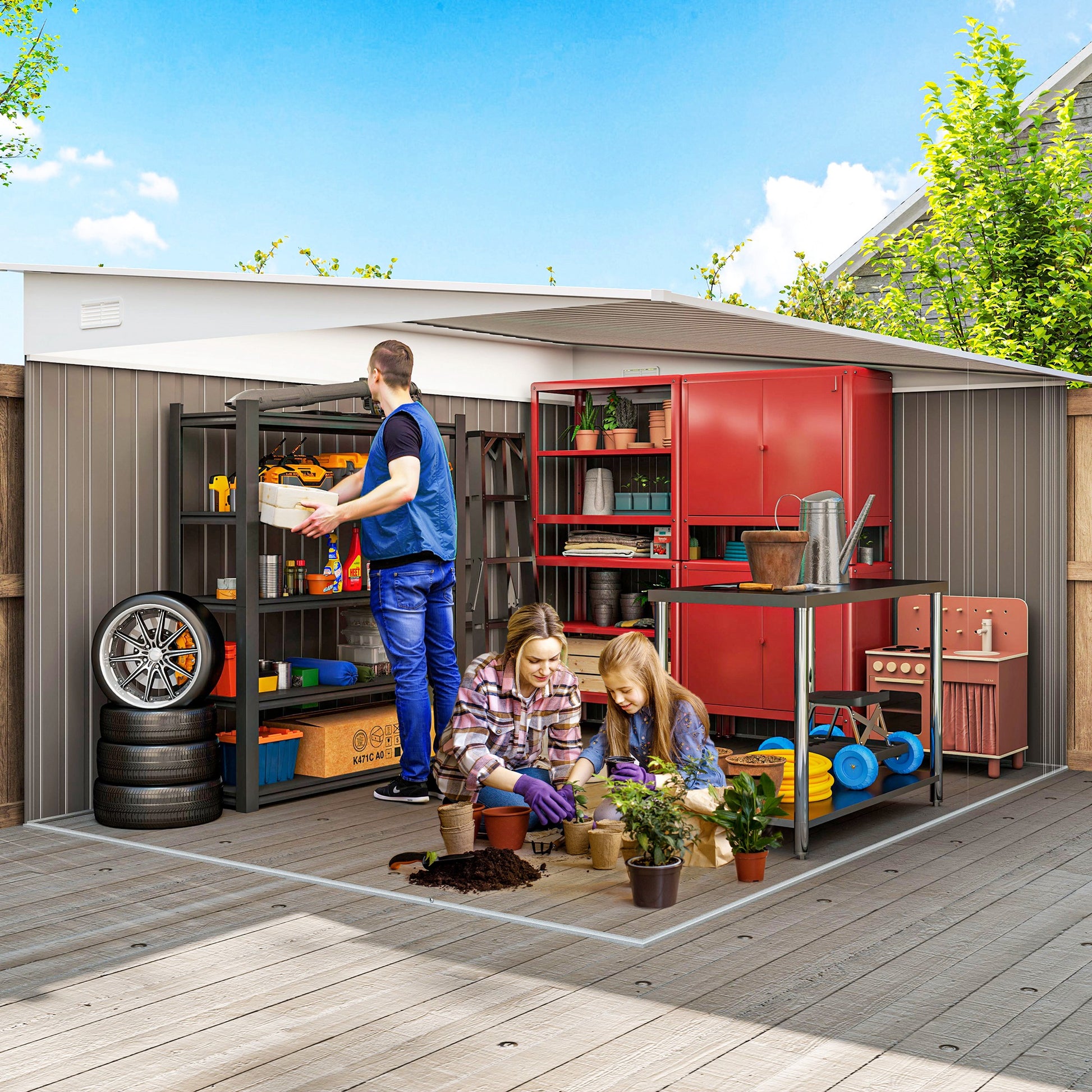 11' x 9' Steel Garden Storage Shed - Grey Metal Outdoor Tool House-Patio & Garden > Lawn & Garden > Sheds-DECOROLALA