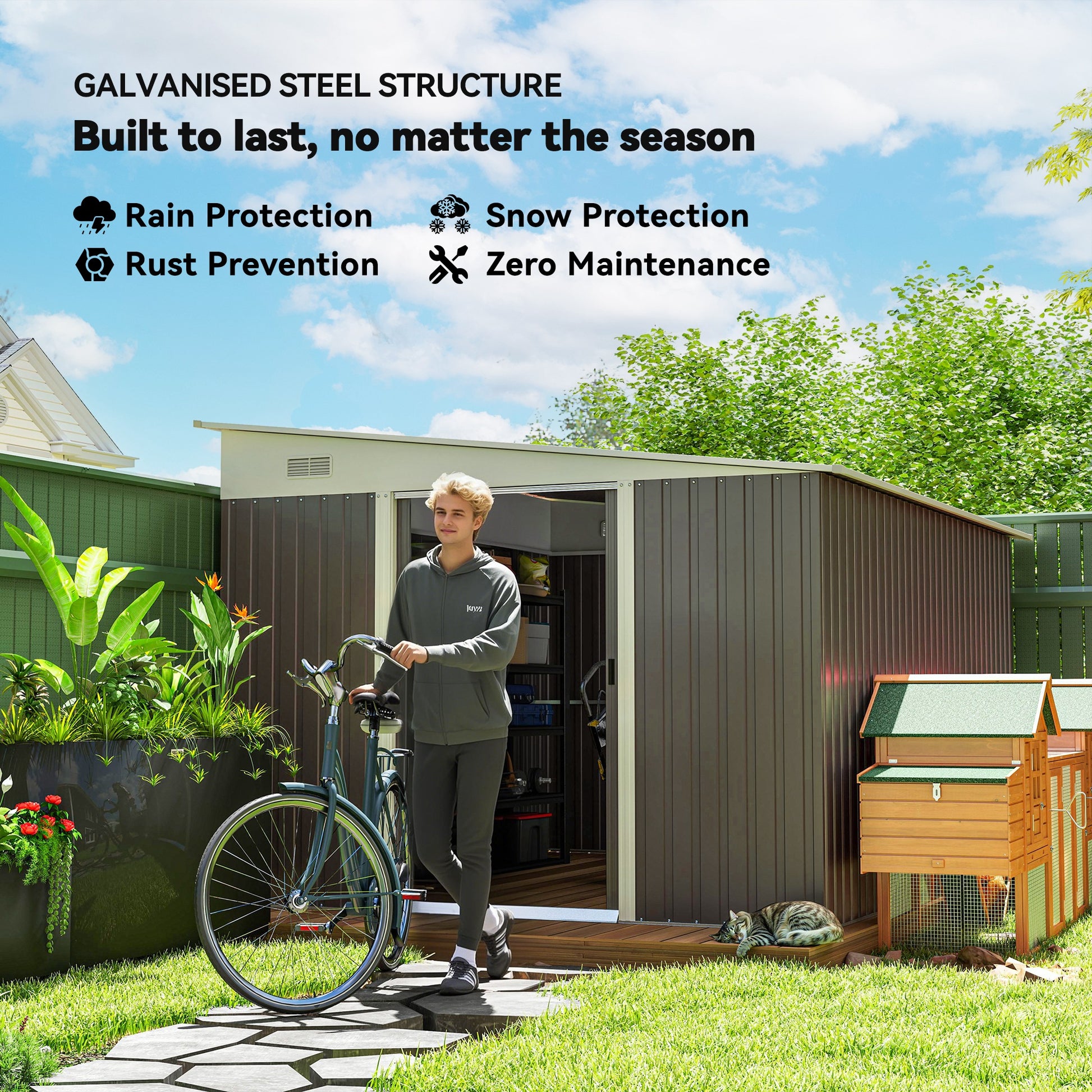 11' x 9' Steel Garden Storage Shed - Grey Metal Outdoor Tool House-Patio & Garden > Lawn & Garden > Sheds-DECOROLALA