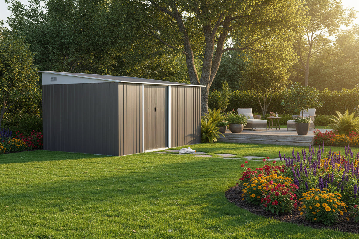 11' x 9' Steel Garden Storage Shed - Grey Metal Outdoor Tool House-Patio & Garden > Lawn & Garden > Sheds-DECOROLALA