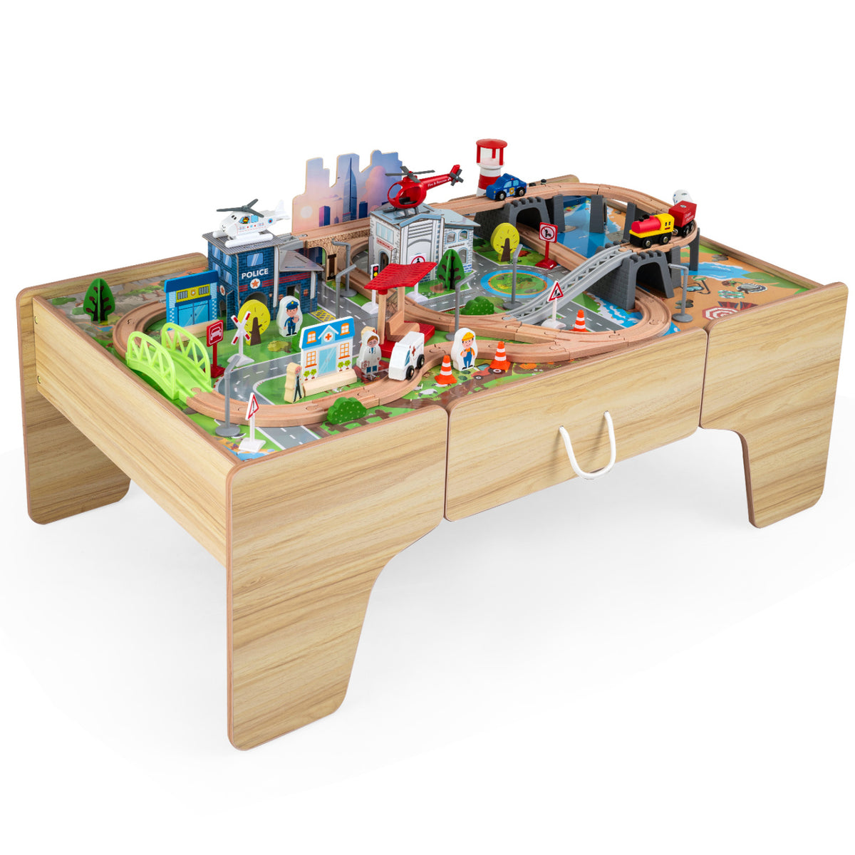 110-Piece 3-in-1 Wooden Train Activity Table - Natural-Educational Toys-DECOROLALA