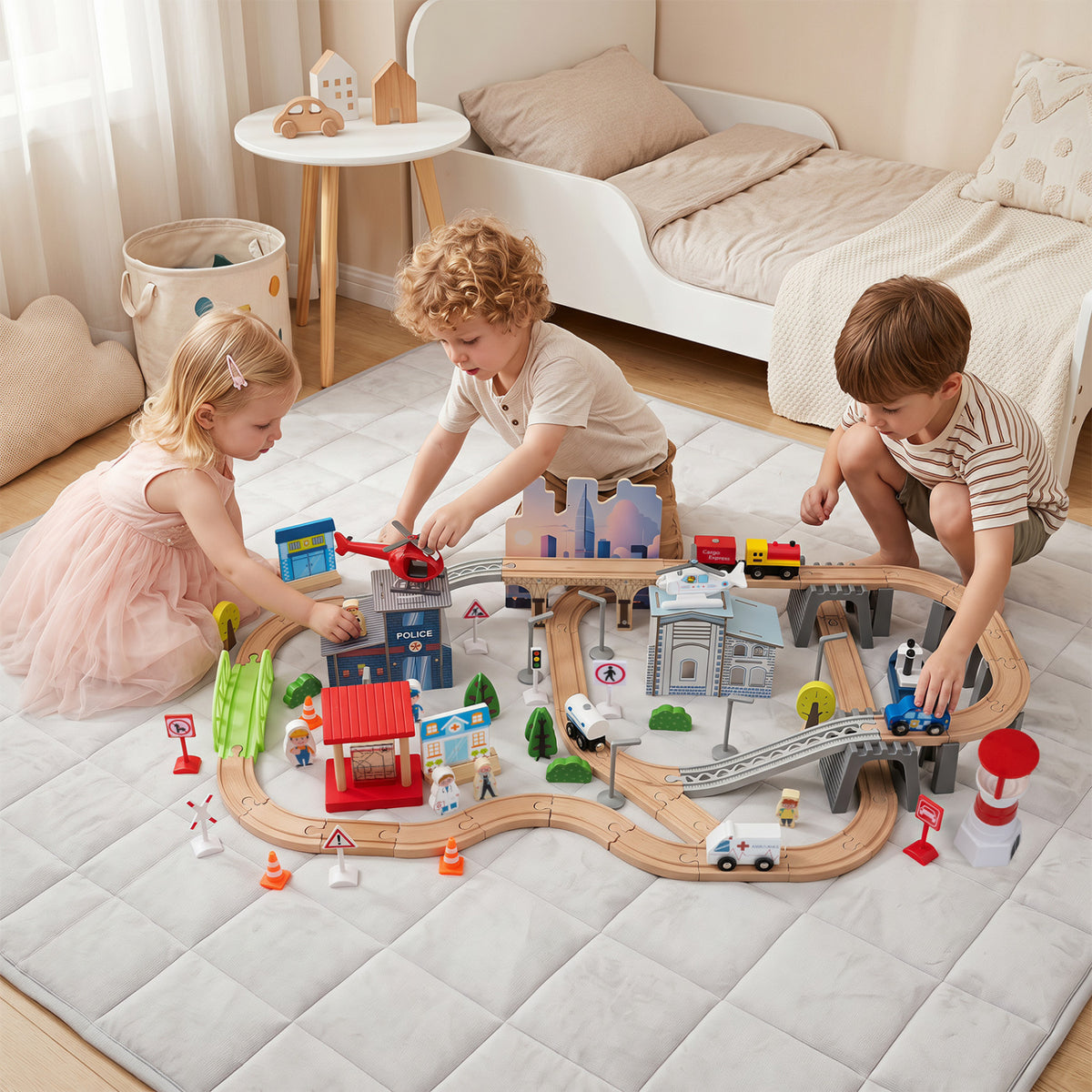 110-Piece 3-in-1 Wooden Train Activity Table - Natural-Educational Toys-DECOROLALA