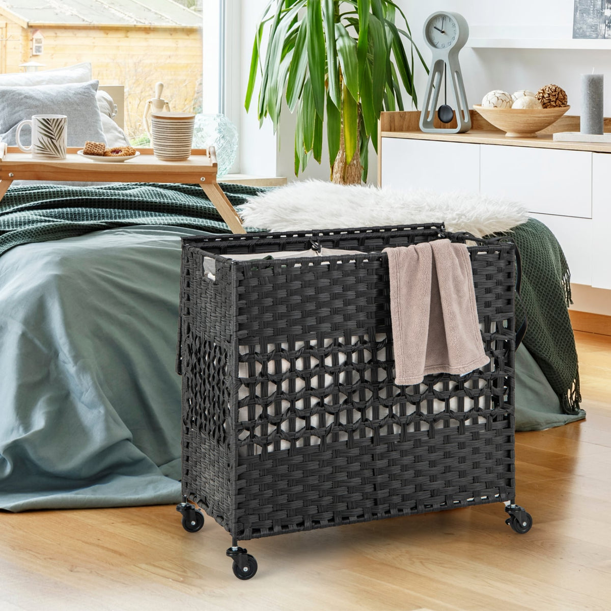 110L 2-Section Laundry Hamper with 2 Removable and Washable Liner Bags-Black-Laundry Baskets-DECOROLALA