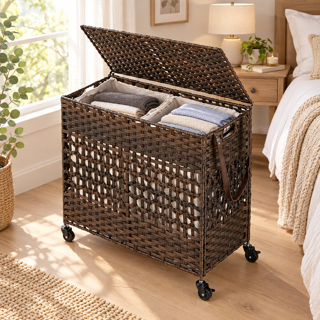110L 2-Section Laundry Hamper with 2 Removable and Washable Liner Bags-Brown-Laundry Baskets-DECOROLALA