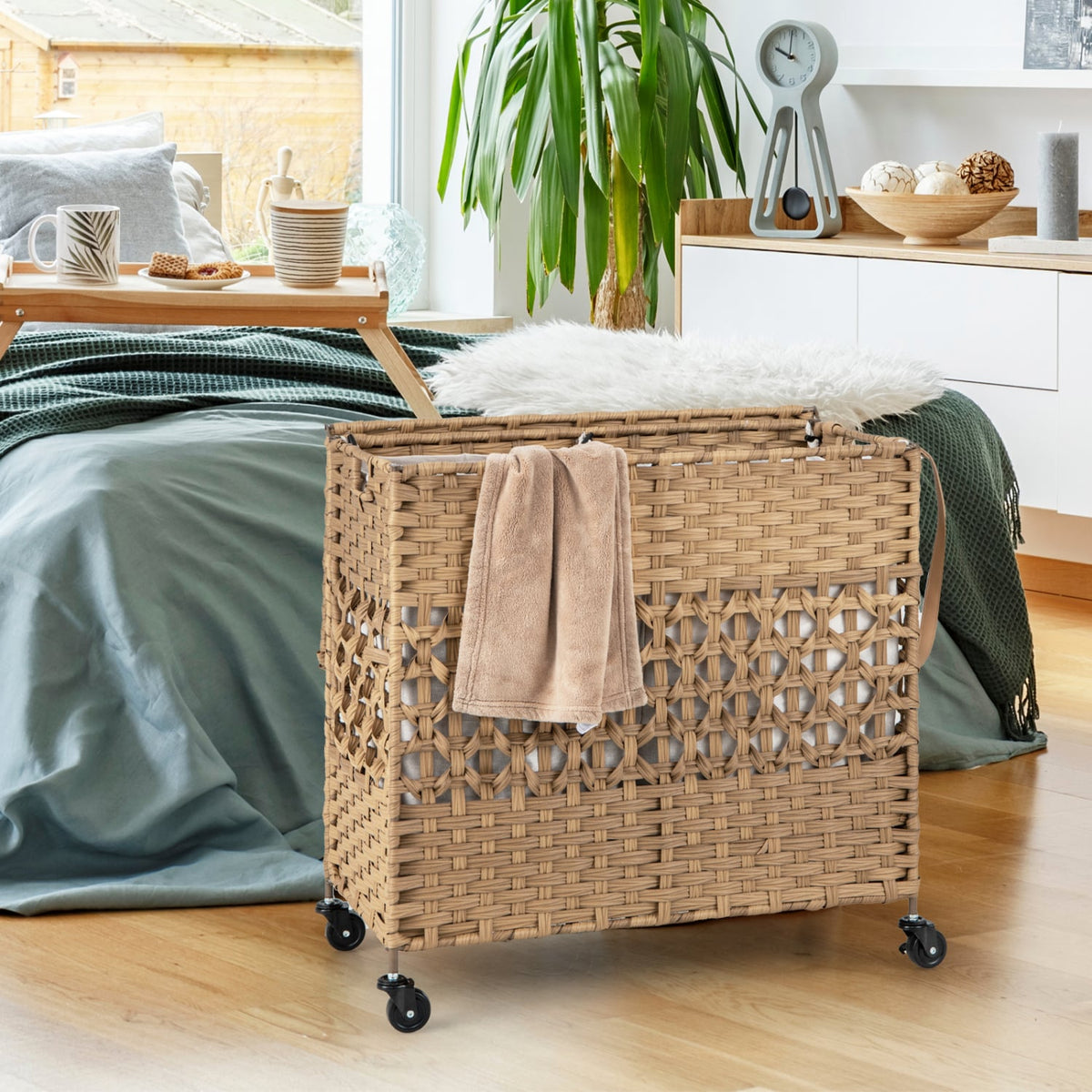 110L 2-Section Laundry Hamper with 2 Removable and Washable Liner Bags-Natural-Laundry Baskets-DECOROLALA