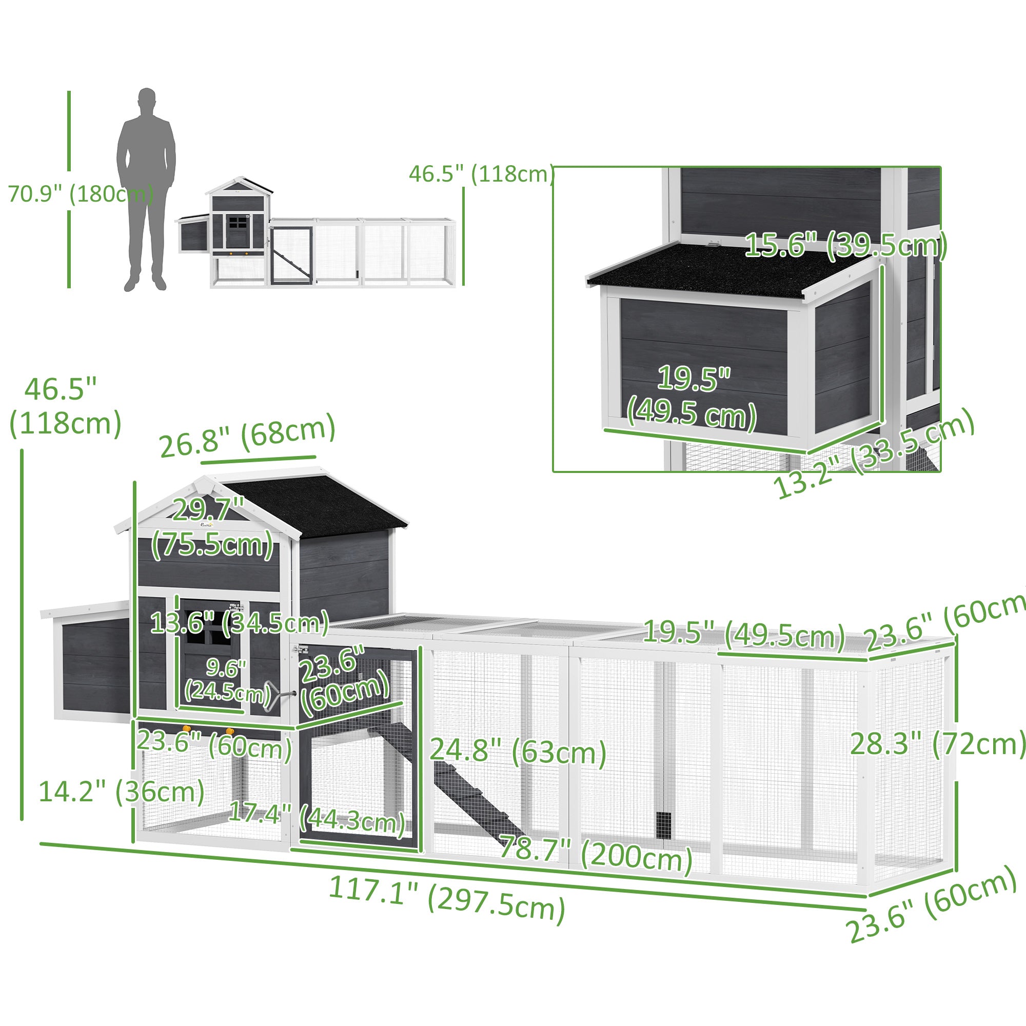 117" Extra Large Chicken Coop with Asphalt Roof, Wooden Hen House with Slide-out Tray, Quail Hutch with Nesting Box, Grey-Small Animals-DECOROLALA