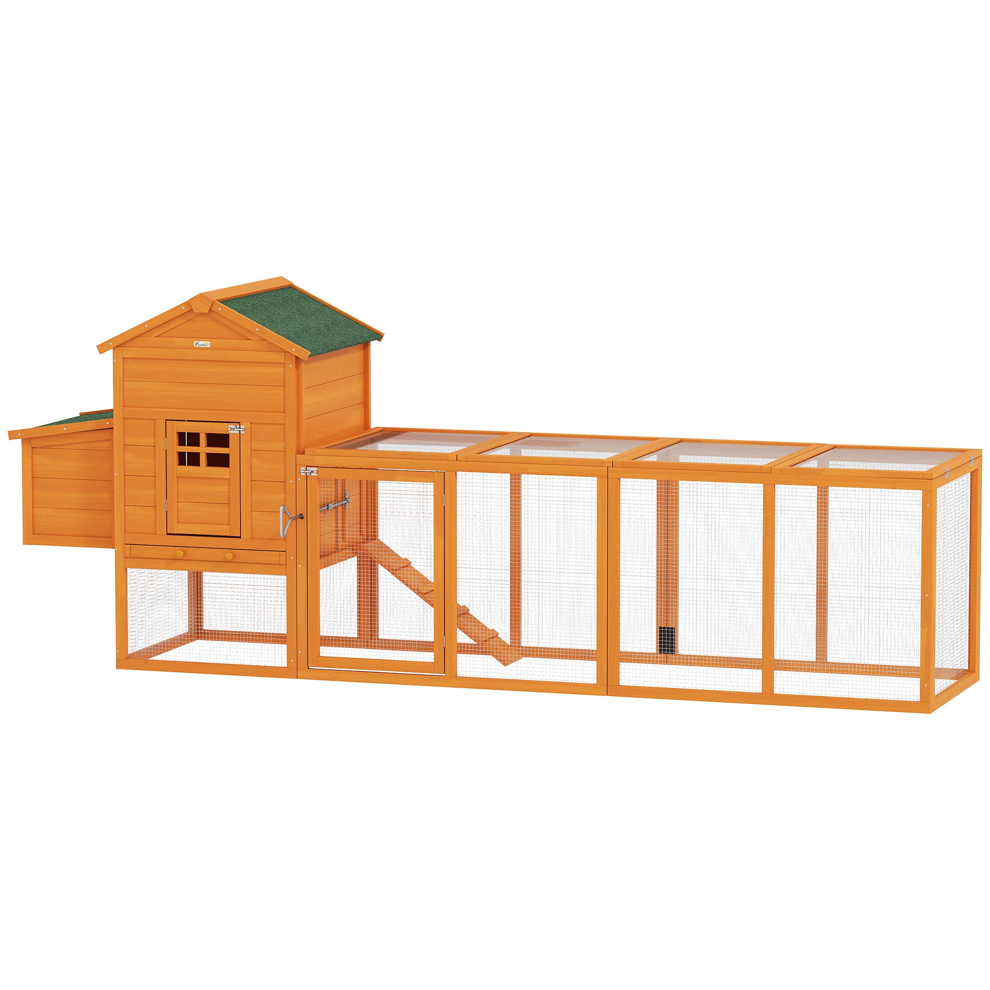 117" Extra Large Chicken Coop with Asphalt Roof, Wooden Hen House with Slide-out Tray, Quail Hutch with Nesting Box, Orange-Small Animals-DECOROLALA