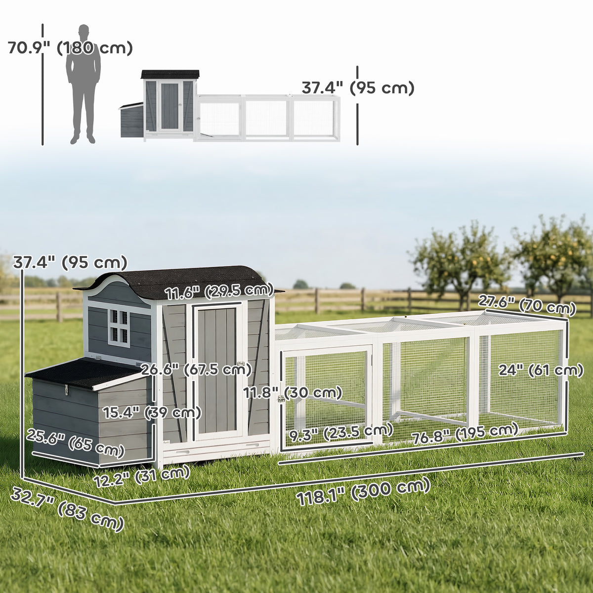 118" Large Wooden Chicken Coop with Run and Nesting Box - Grey-Small Animals-DECOROLALA