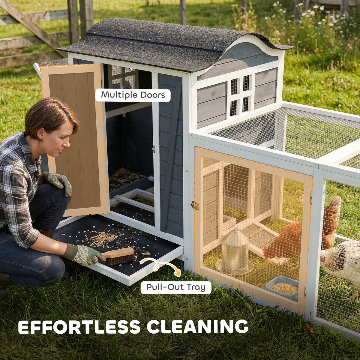 118" Large Wooden Chicken Coop with Run and Nesting Box - Grey-Small Animals-DECOROLALA