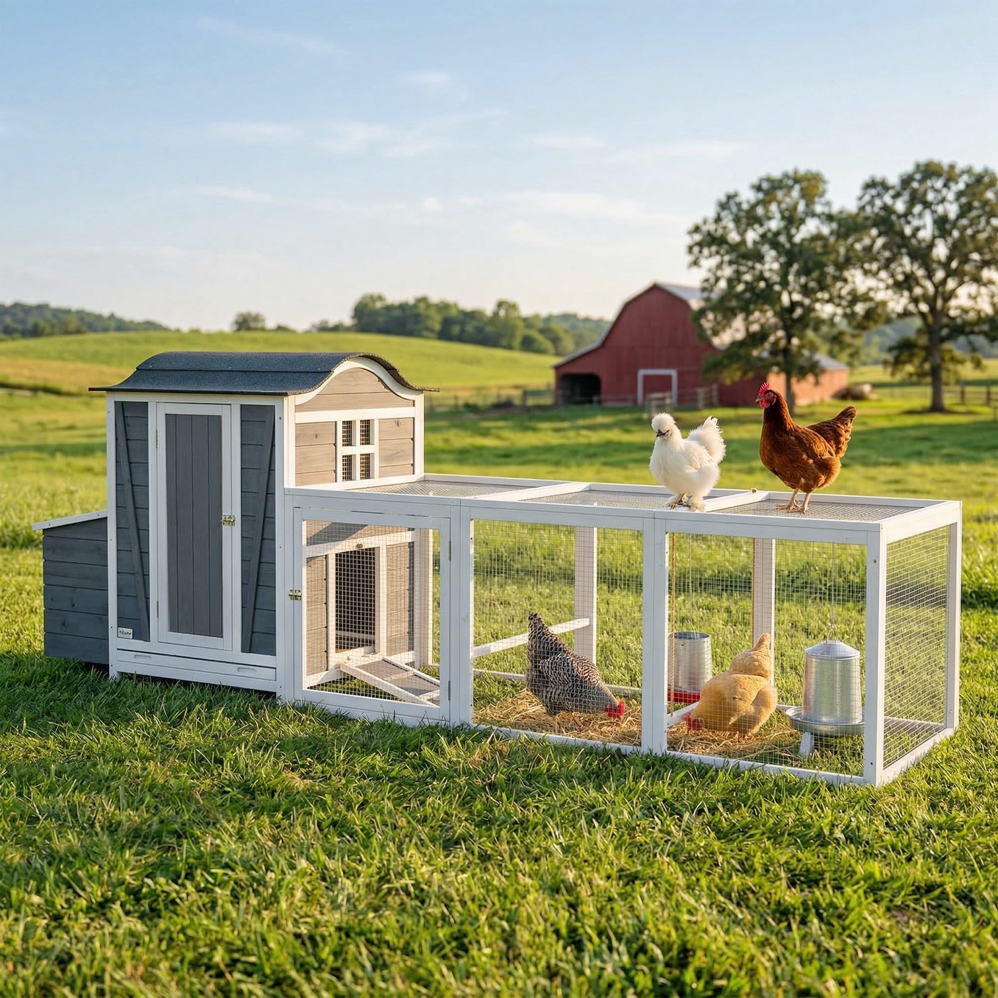118" Large Wooden Chicken Coop with Run and Nesting Box - Grey-Small Animals-DECOROLALA