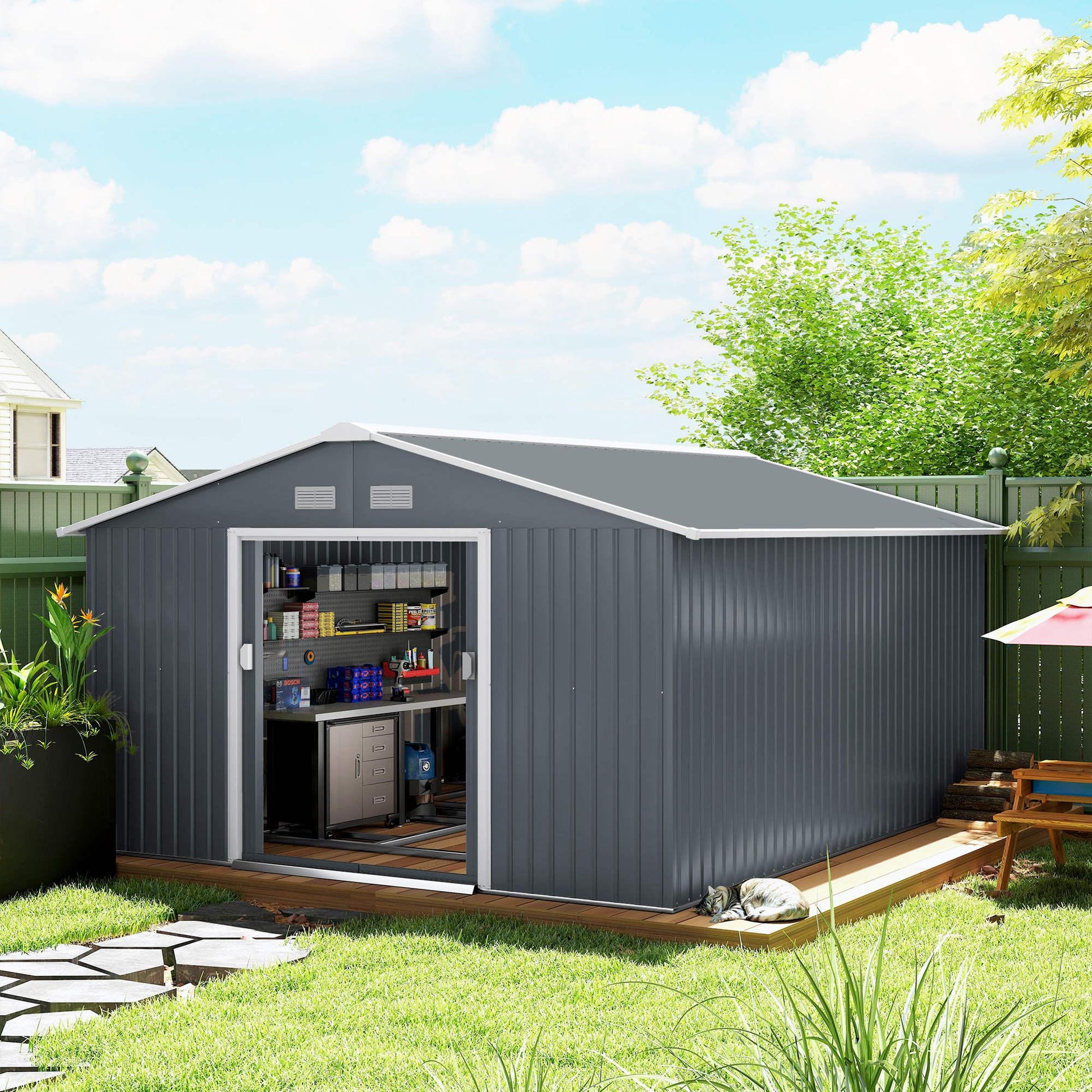 11.2' x 12.5' Metal Garden Storage Shed - Grey-Patio & Garden > Lawn & Garden > Sheds-DECOROLALA