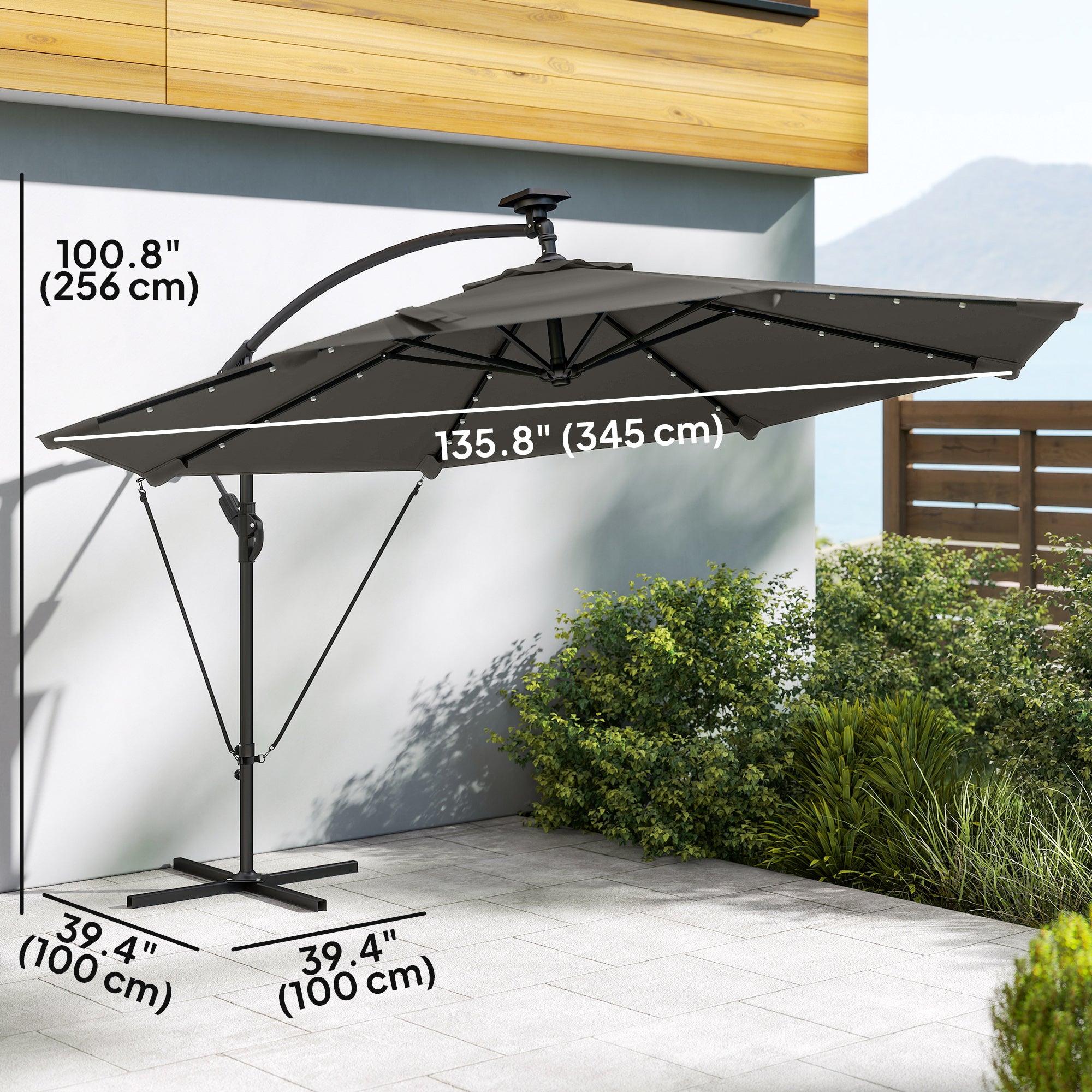 11.3 ft Patio Umbrella with Solar Light, UPF50+, Aluminium, Dark Grey-DECOROLALA