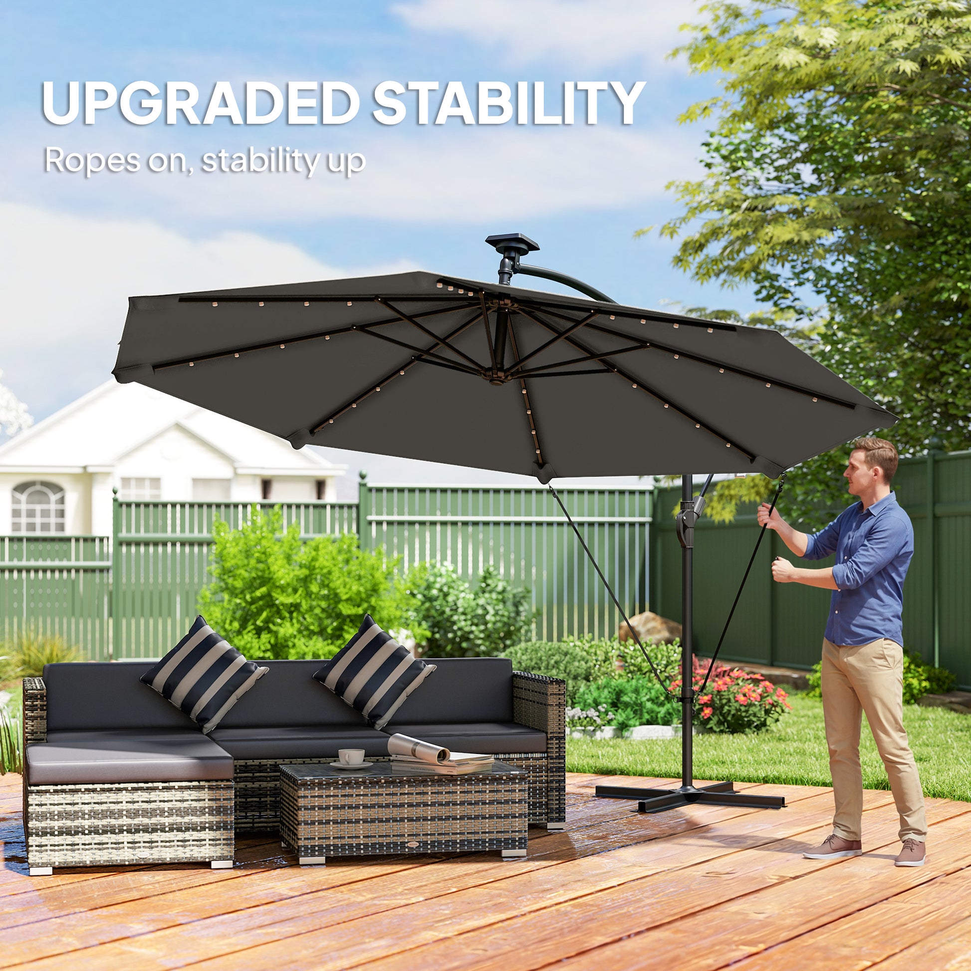 11.3 ft Patio Umbrella with Solar Light, UPF50+, Aluminium, Dark Grey-DECOROLALA