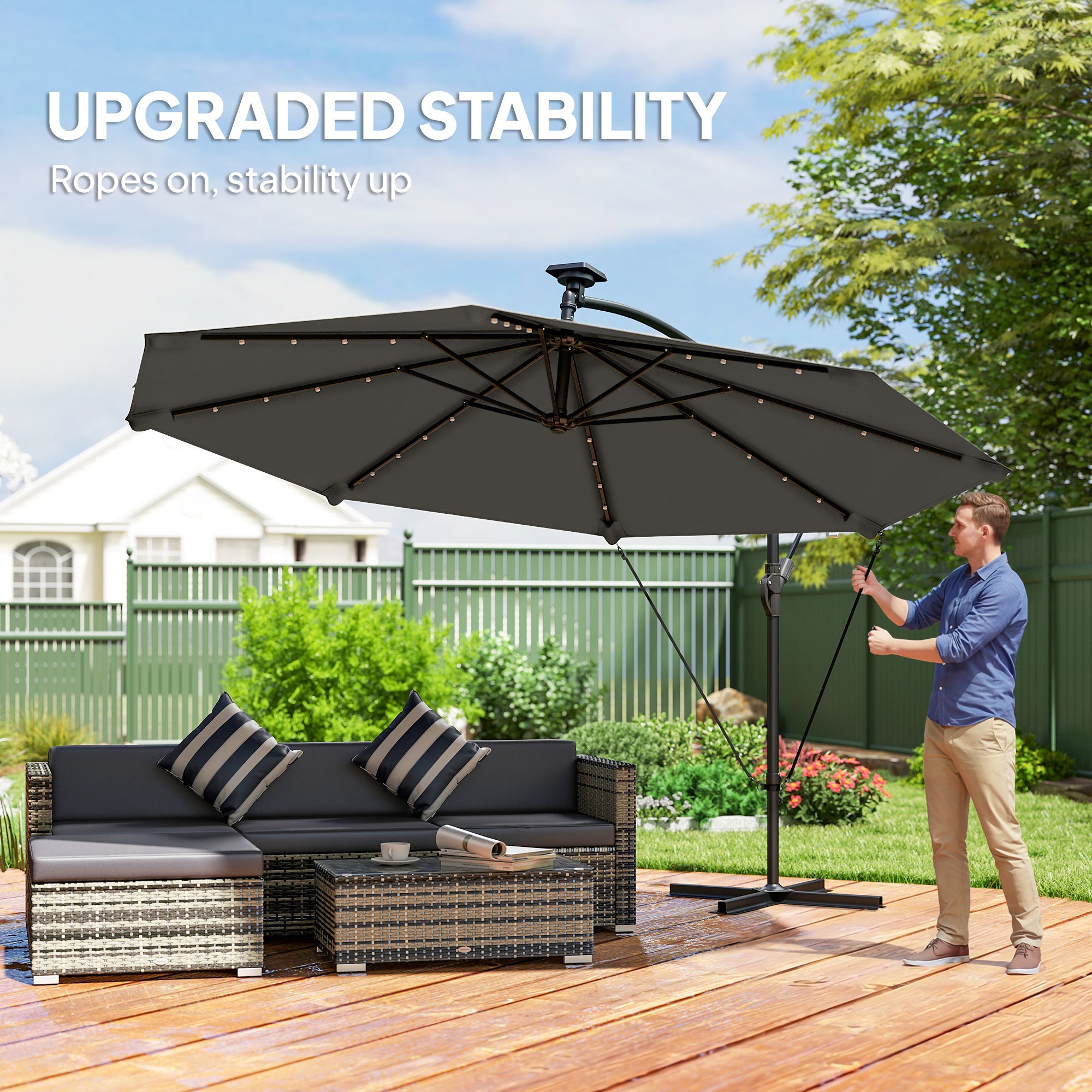 11.3 ft Patio Umbrella with Solar Light, UPF50+, Aluminium, Dark Grey-DECOROLALA