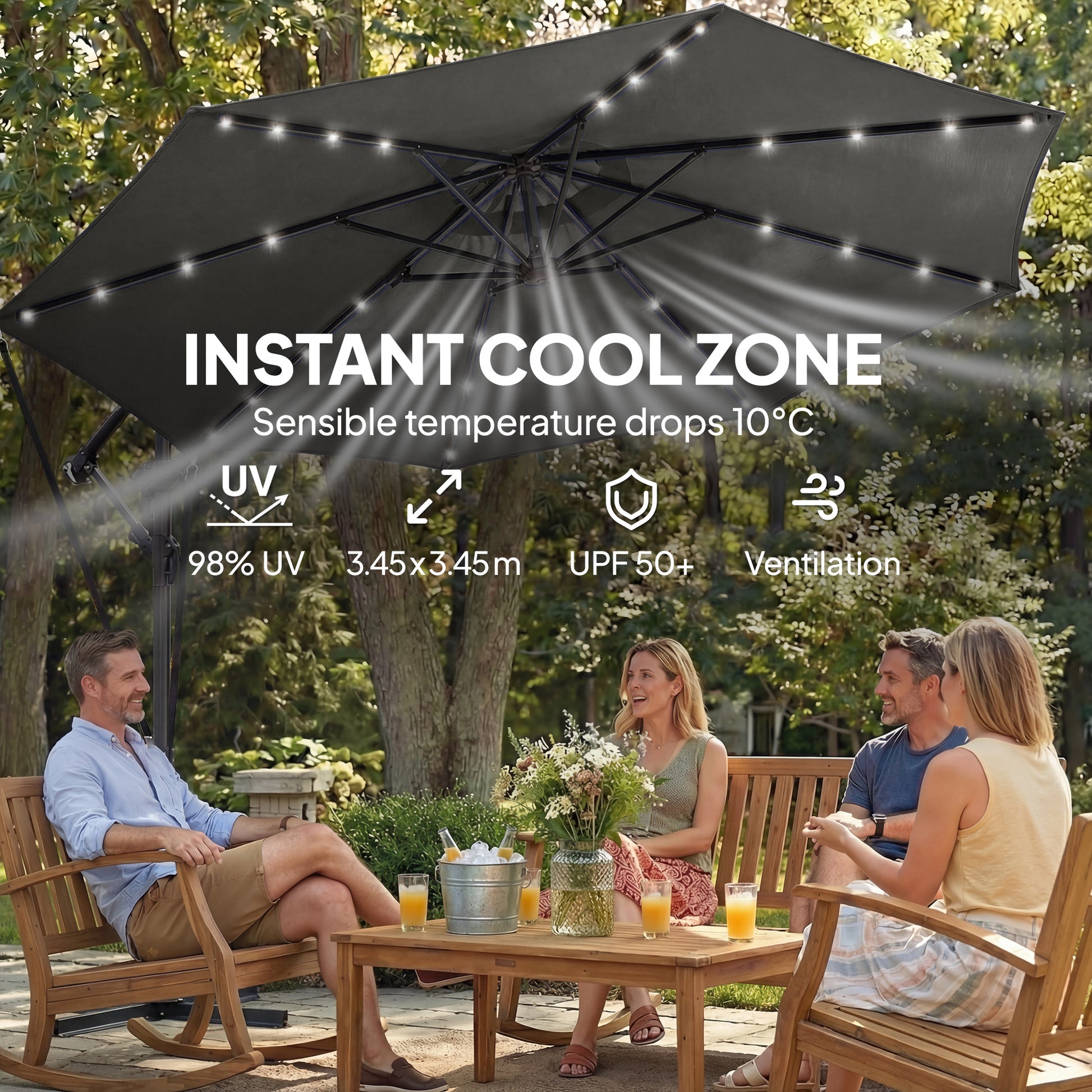 11.3 ft Patio Umbrella with Solar Light, UPF50+, Aluminium, Dark Grey-DECOROLALA