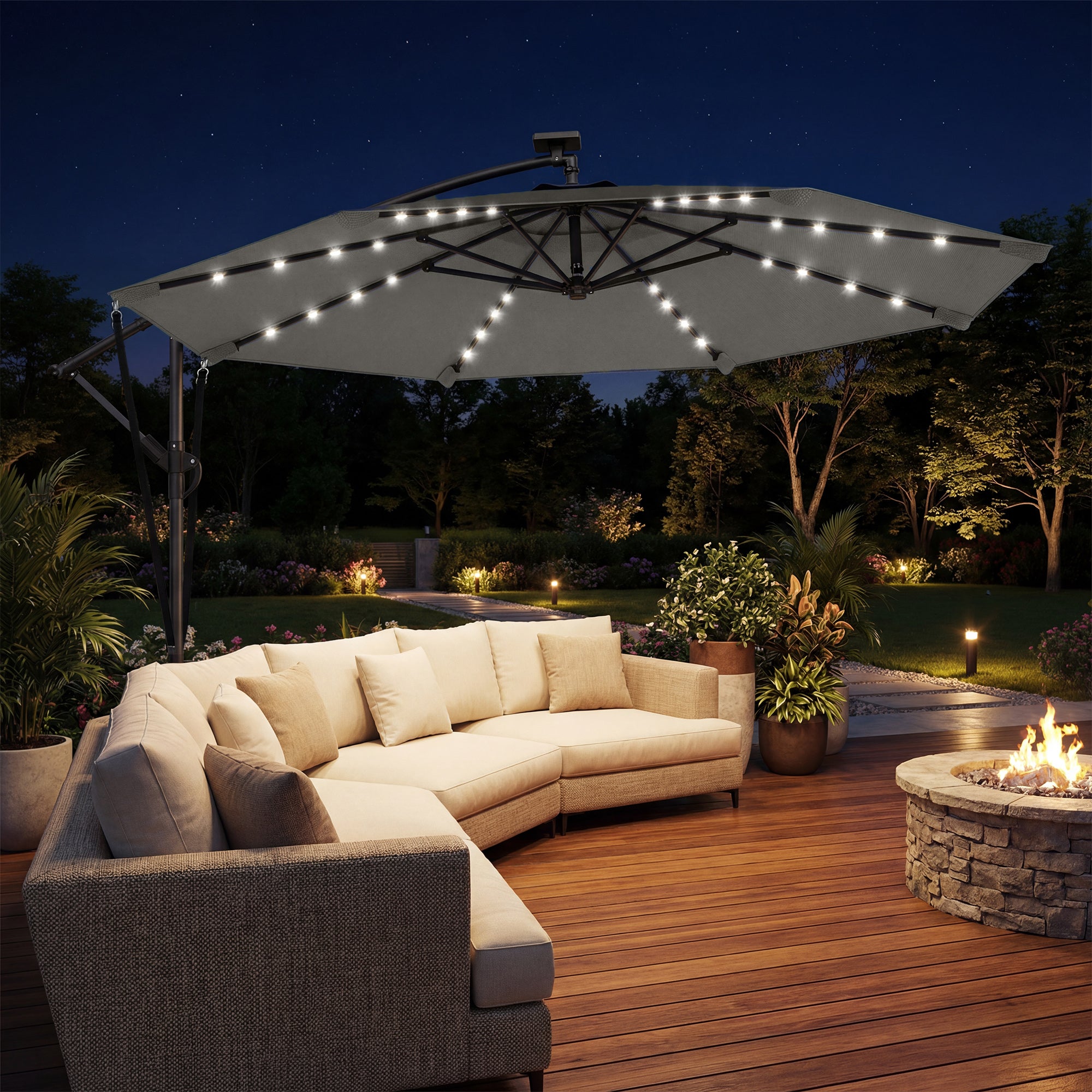 11.3 ft Patio Umbrella with Solar Light, UPF50+, Aluminium, Dark Grey-DECOROLALA
