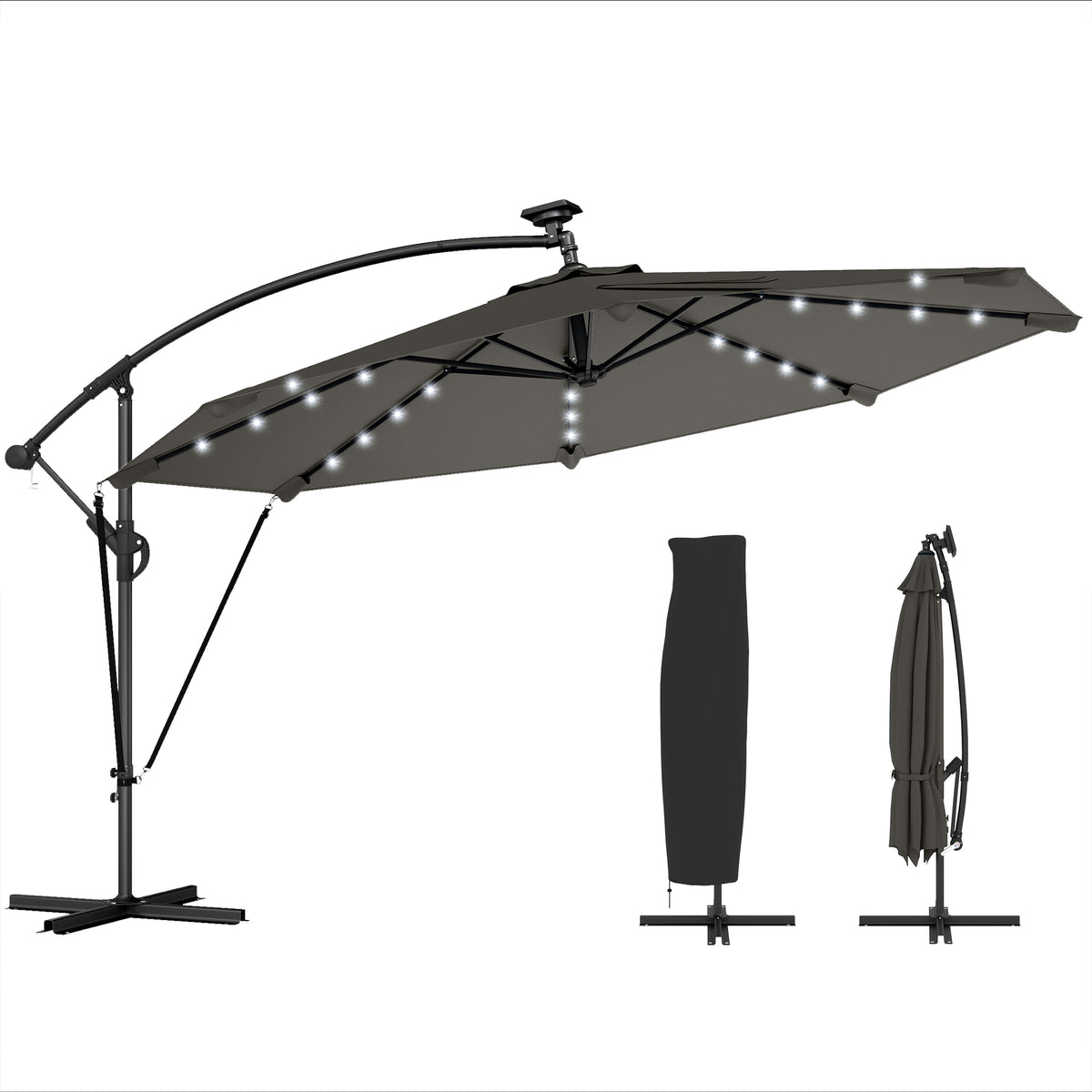 11.3 ft Patio Umbrella with Solar Light, UPF50+, Aluminium, Dark Grey-Cantilever Umbrellas-DECOROLALA