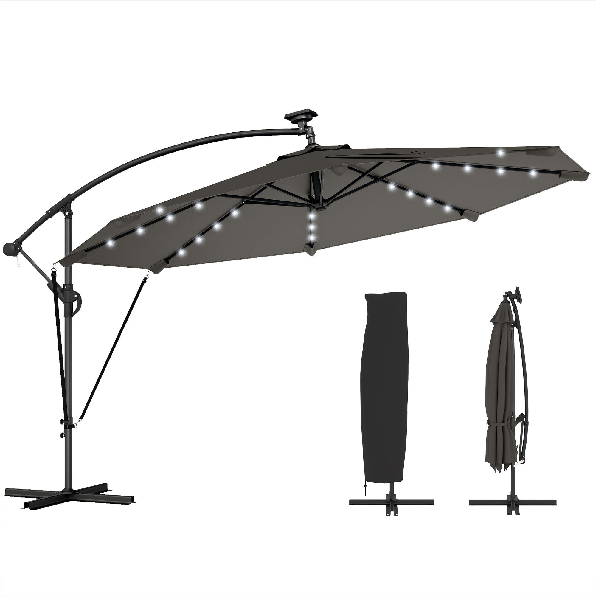 11.3 ft Patio Umbrella with Solar Light, UPF50+, Aluminium, Dark Grey-DECOROLALA