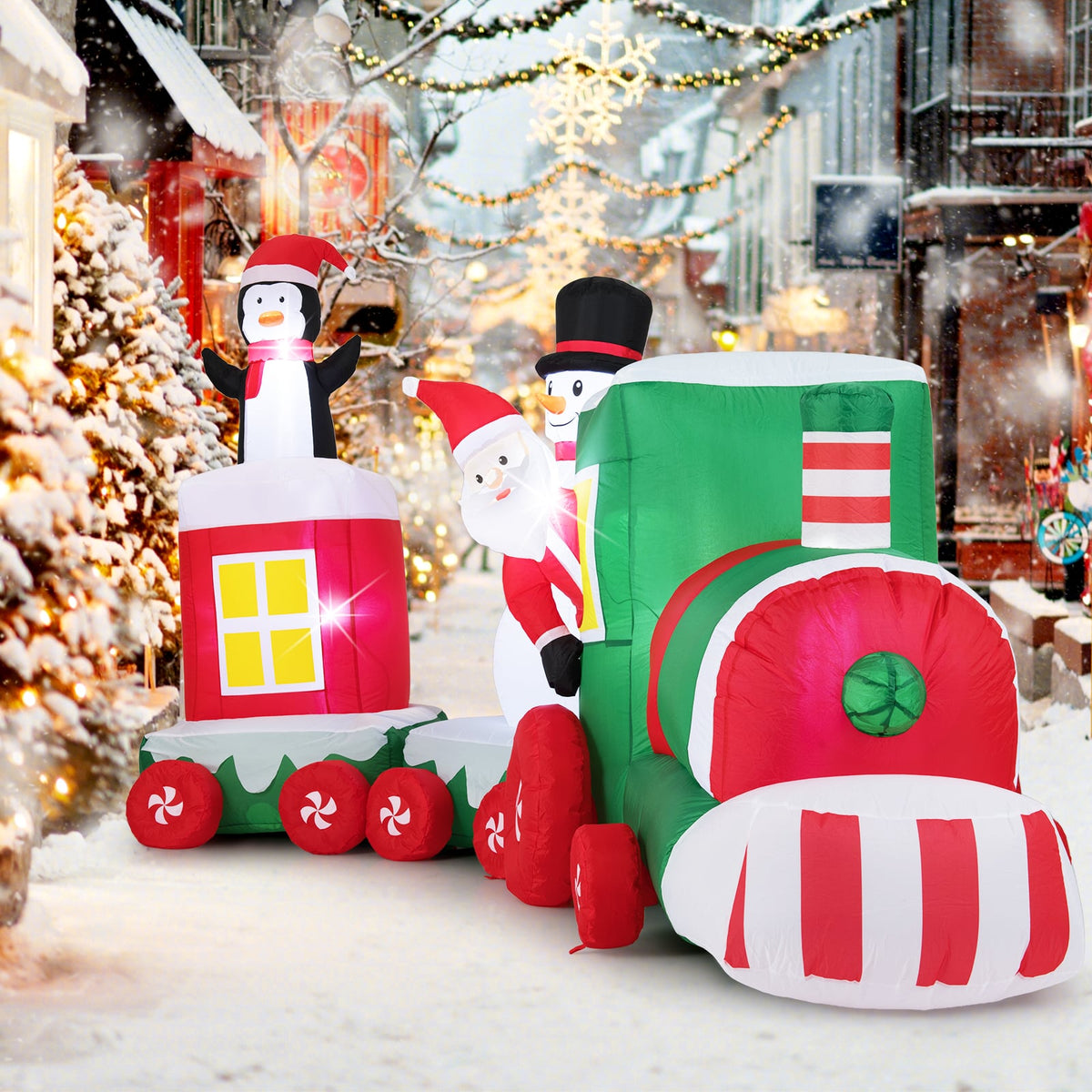 11.5 FT Christmas Inflatables Train Blow Up Santa Claus Driving Train-Christmas Inflatables-DECOROLALA