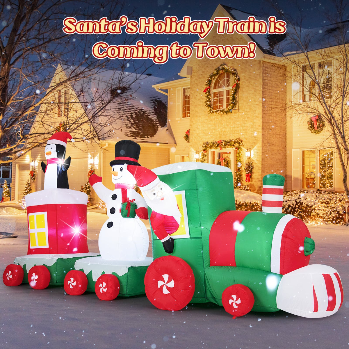11.5 FT Christmas Inflatables Train Blow Up Santa Claus Driving Train-Christmas Inflatables-DECOROLALA