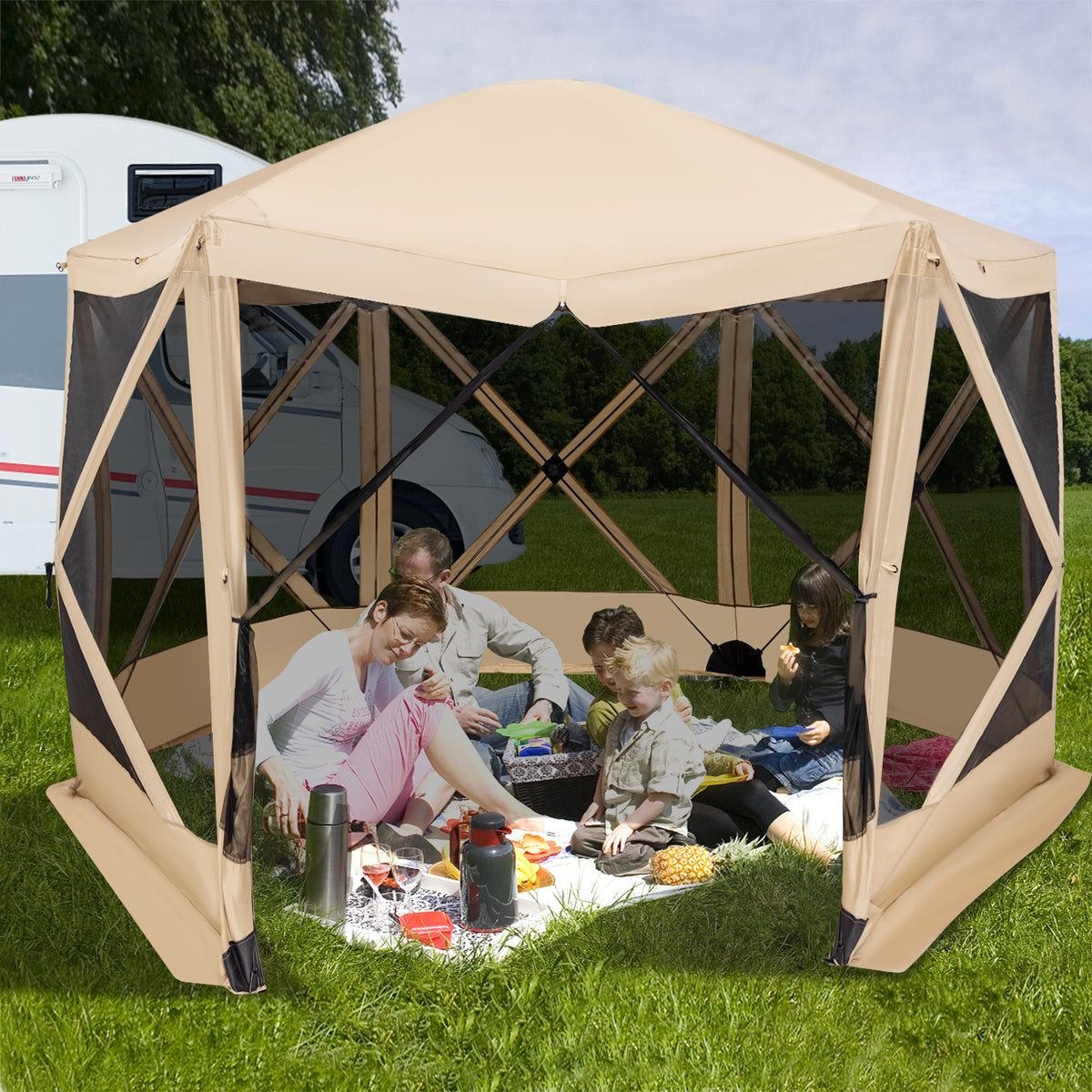11.5 X 11.5 FT Pop-up Screen House Tent with Portable Carrying Bag-Coffee-Tents-DECOROLALA