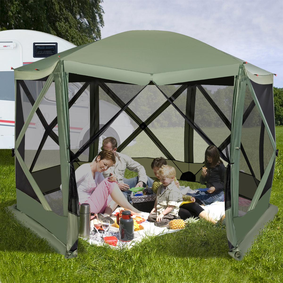 11.5 X 11.5 FT Pop-up Screen House Tent with Portable Carrying Bag-Green-Tents-DECOROLALA