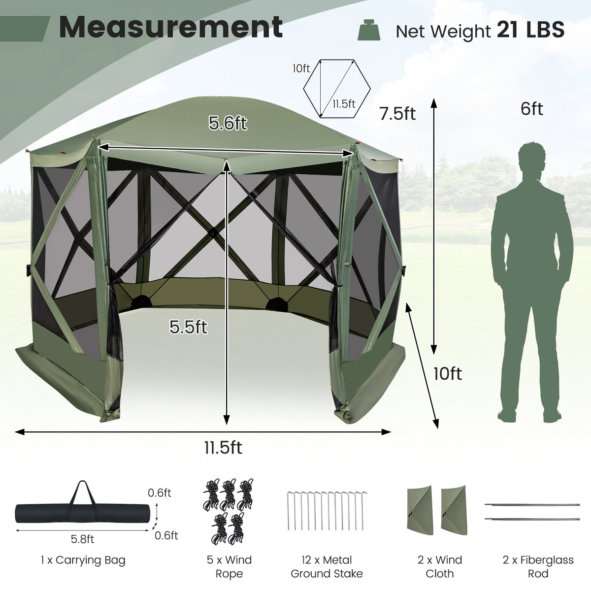 11.5 X 11.5 FT Pop-up Screen House Tent with Portable Carrying Bag-Green-Tents-DECOROLALA