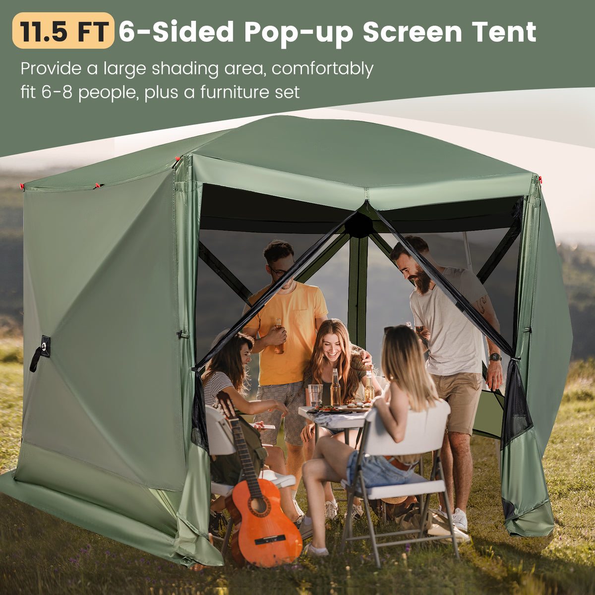 11.5 X 11.5 FT Pop-up Screen House Tent with Portable Carrying Bag-Green-Tents-DECOROLALA