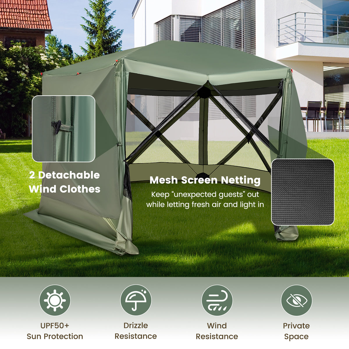 11.5 X 11.5 FT Pop-up Screen House Tent with Portable Carrying Bag-Green-Tents-DECOROLALA