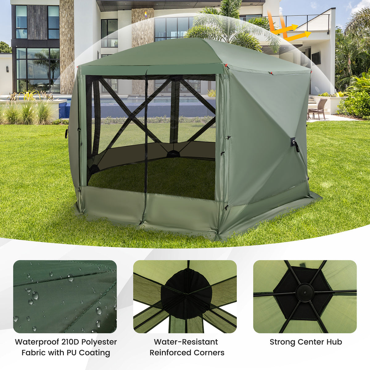11.5 X 11.5 FT Pop-up Screen House Tent with Portable Carrying Bag-Green-Tents-DECOROLALA