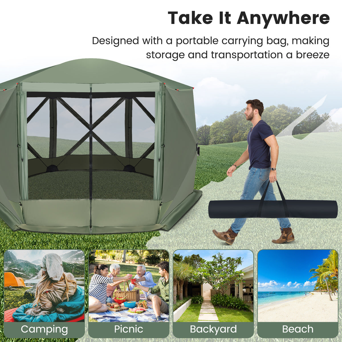 11.5 X 11.5 FT Pop-up Screen House Tent with Portable Carrying Bag-Green-Tents-DECOROLALA