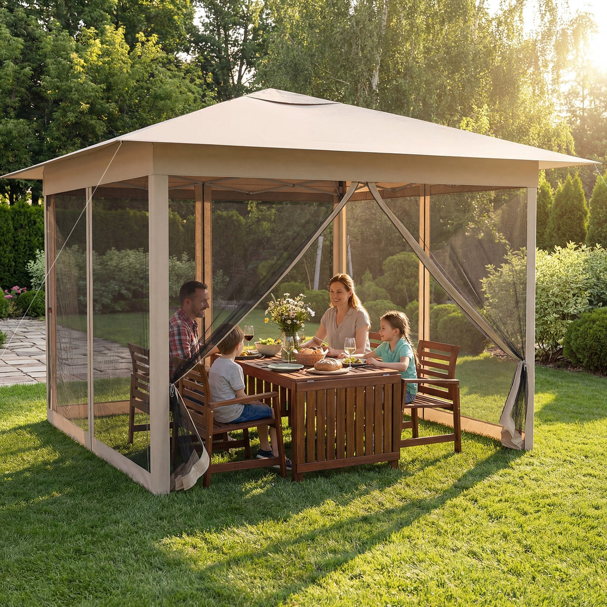 11.5 x 11.5 FT Pop-up Canopy Instant One-Person Setup with Mesh Screen Netting-Beige-Canopies-DECOROLALA